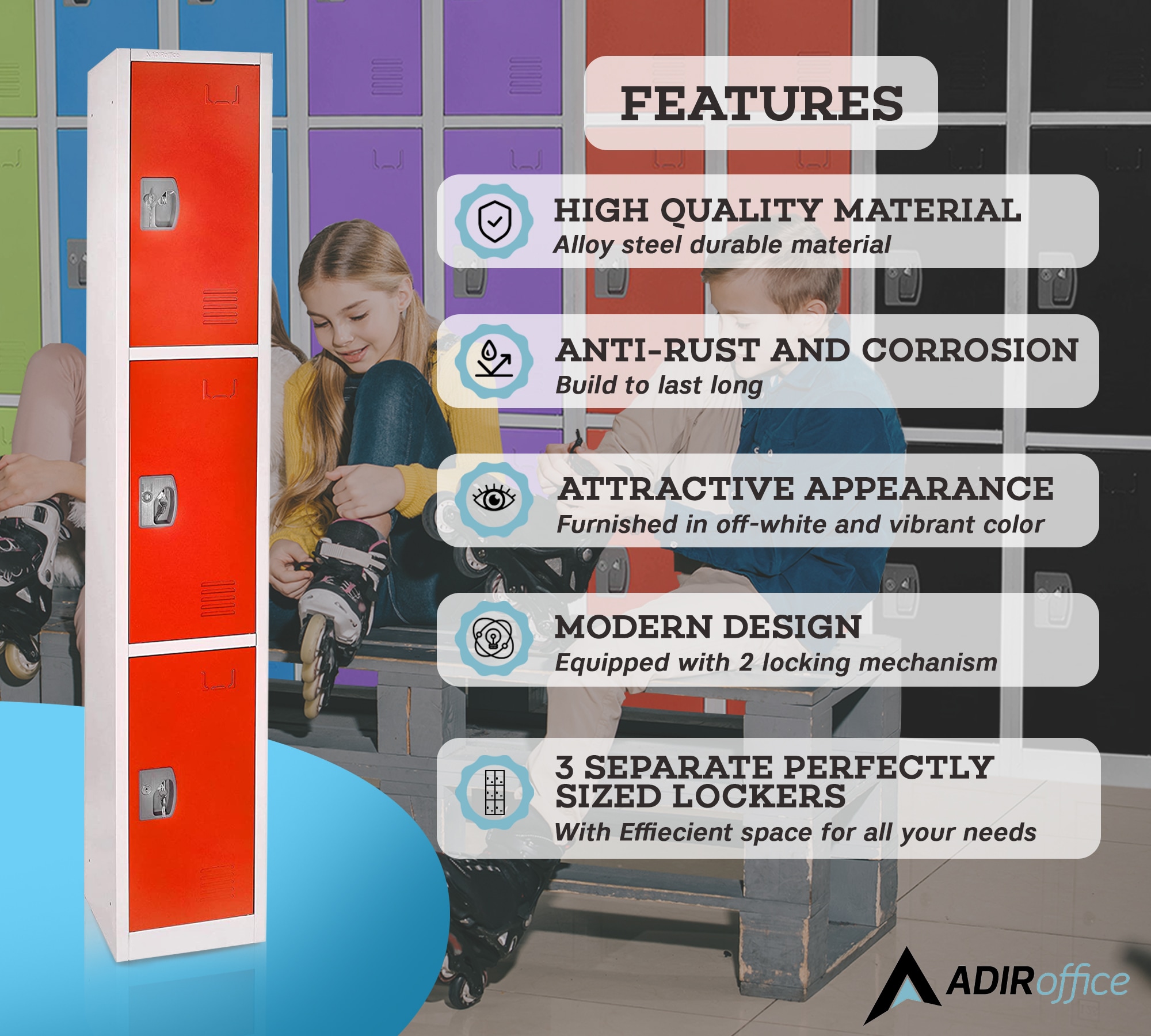 Red Steel 3-Tier Freestanding Office Locker with Adjustable Shelving