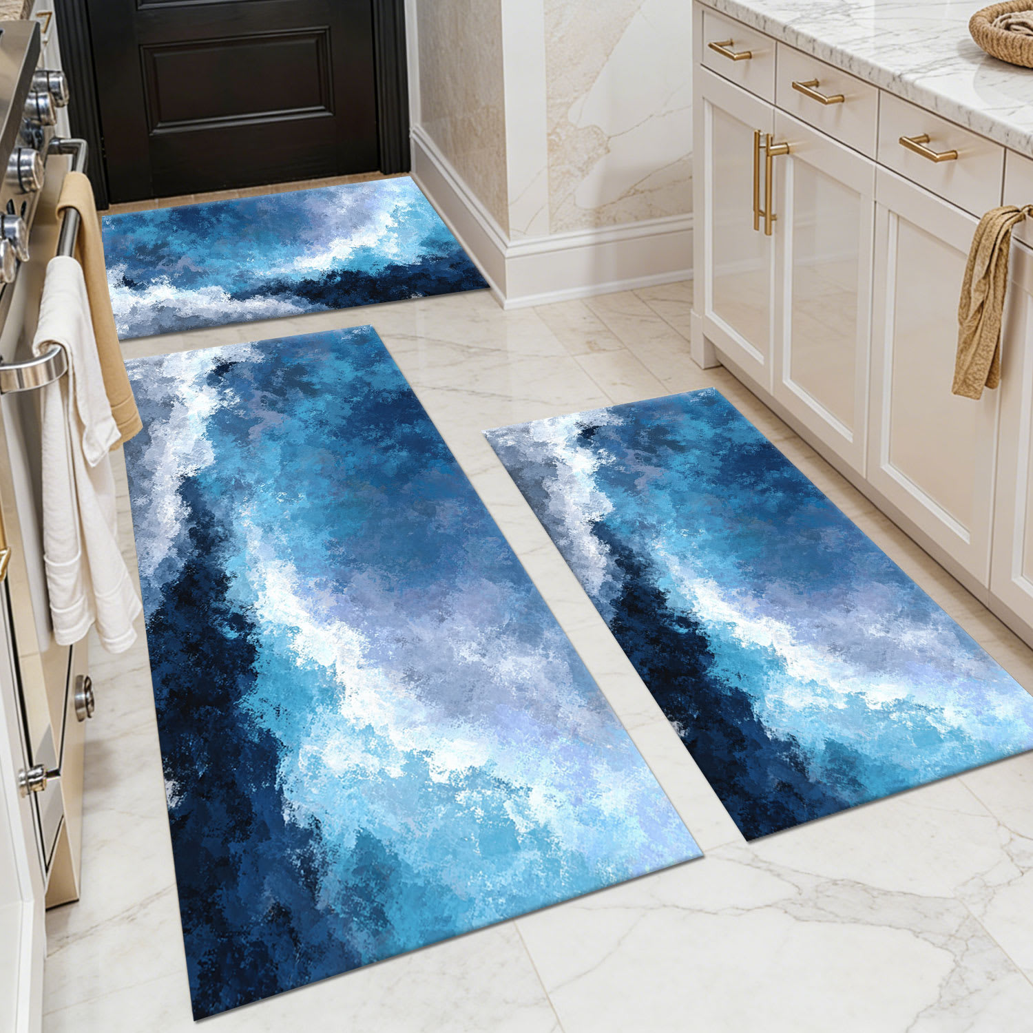 TOBILI  20 X 32in 20 X 47in 20 X 60in Faux Cashmere Rectangular Indoor Blue Abstract Galaxy Texture Abstract Pattern Non Slip Washable Rug Set of 3 Piece