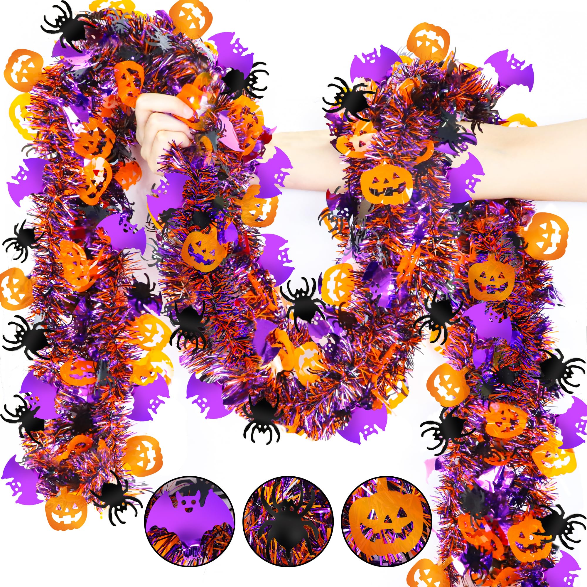 Justincity  Halloween Tinsel Garland 50 Ft Long Metallic Twist Garland with Orange Pumpkin Black Spider Purple Bat for Indoor Outdoor Halloween