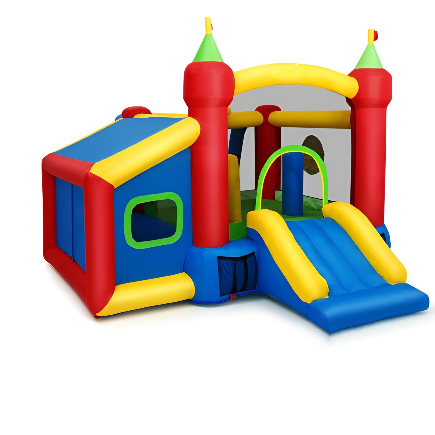 Slickblue D-CO-34107PO Kids Inflatable Bounce House – 149.5-Inch Oxford Cloth Slide Jumping Area and Games - Multicolor for Backyard Fun