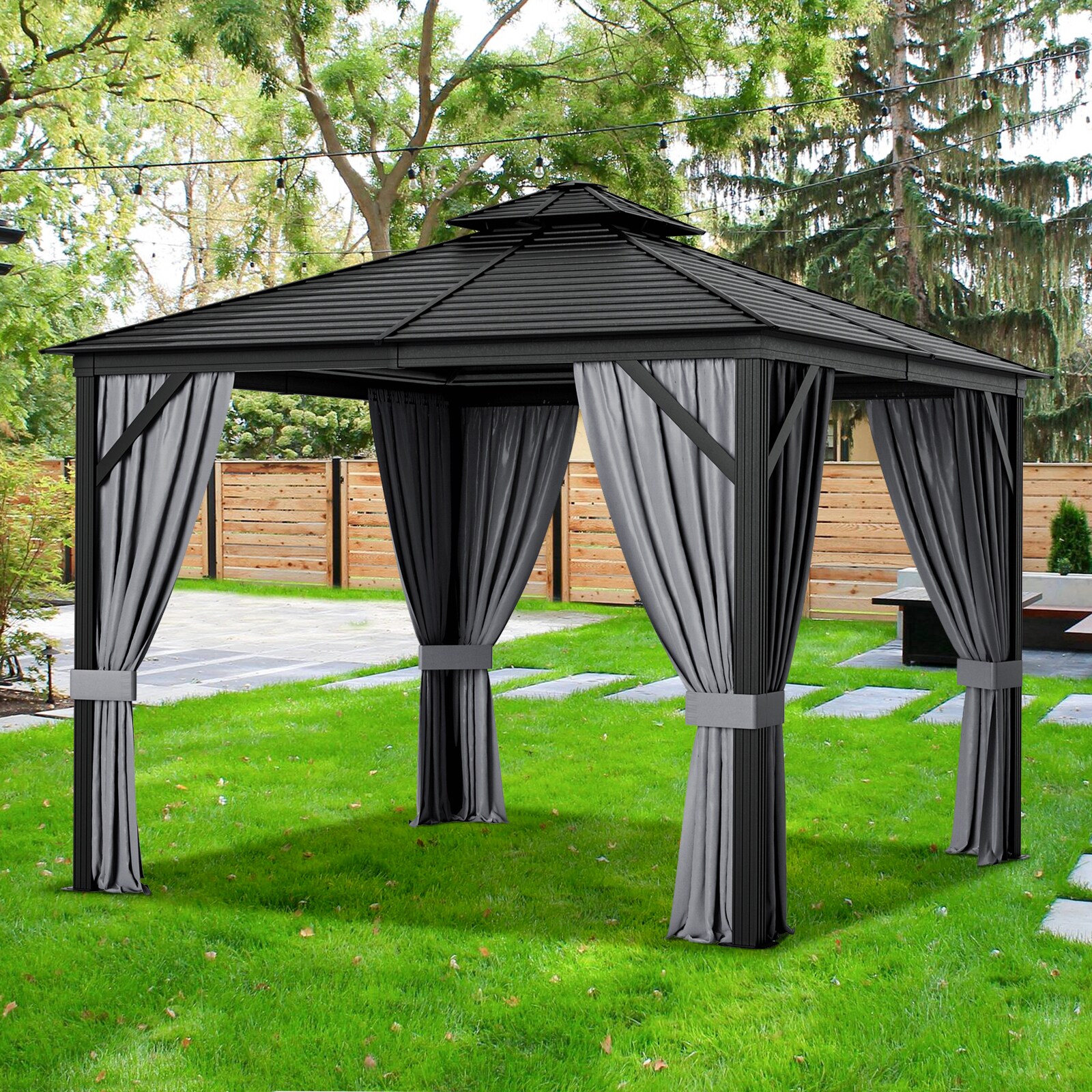 WELLFOR 10-ft x 10-ft Gazebo Square Gray Metal Steel Roof Semi ...