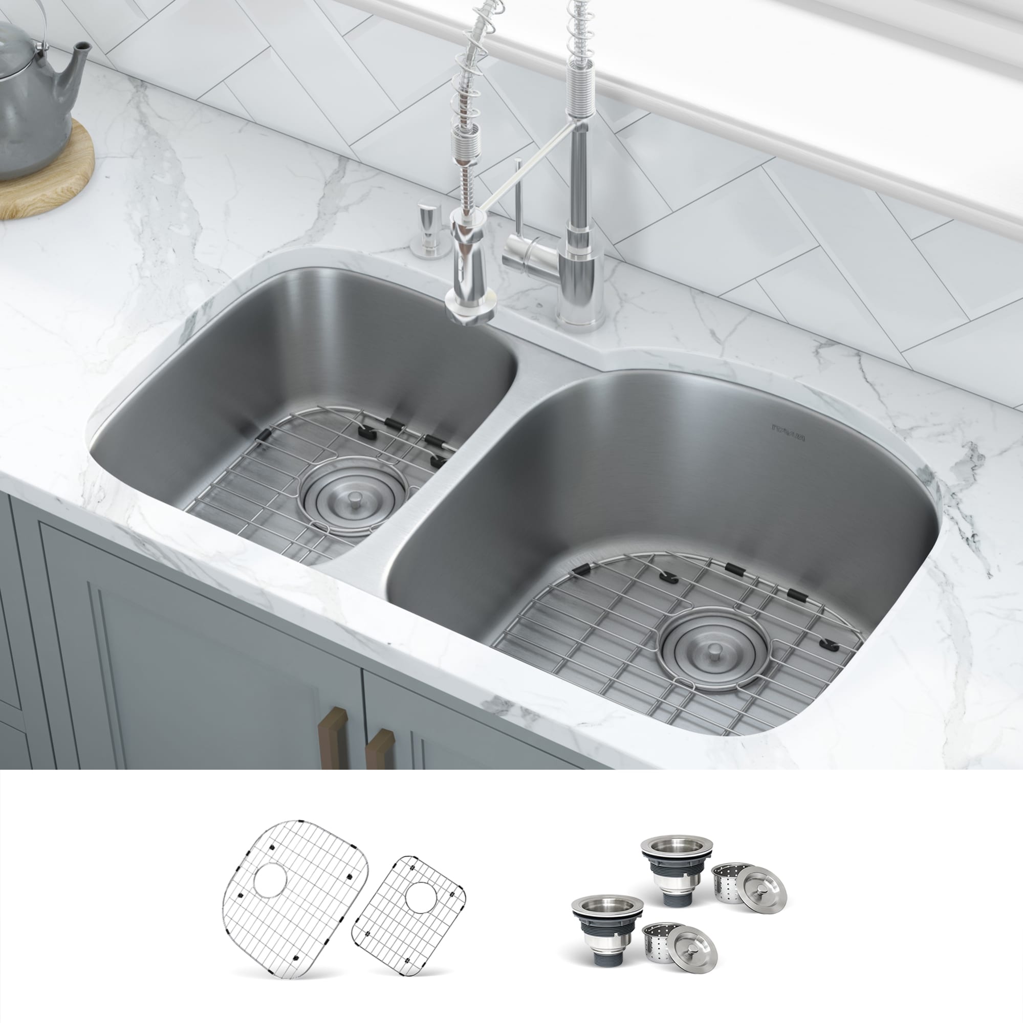 Ruvati Parmi Undermount 34-in x 20.5-in Stainless steel Double offset bowl 16 -Gauge Kitchen Sink