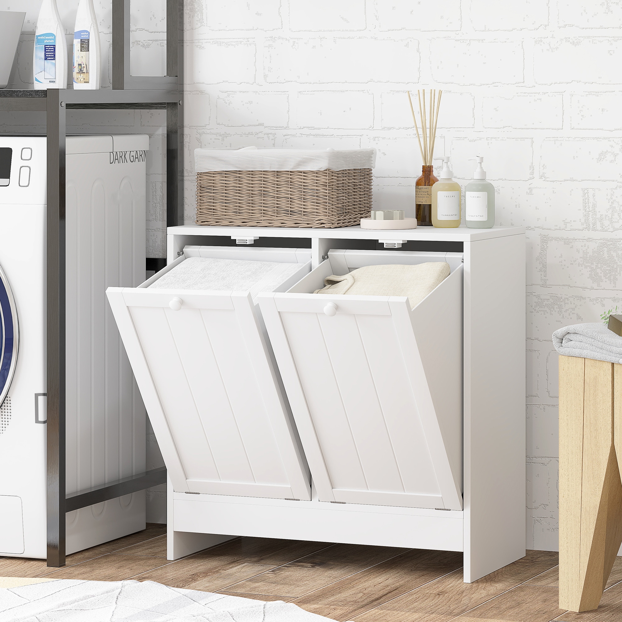 HomCom kleankin Double Tilt Out Laundry Hamper Cabinet with Storage 19 Gallon Hidden Trash Can Cabinet with 2 Doors for Bathroom Kitchen White
