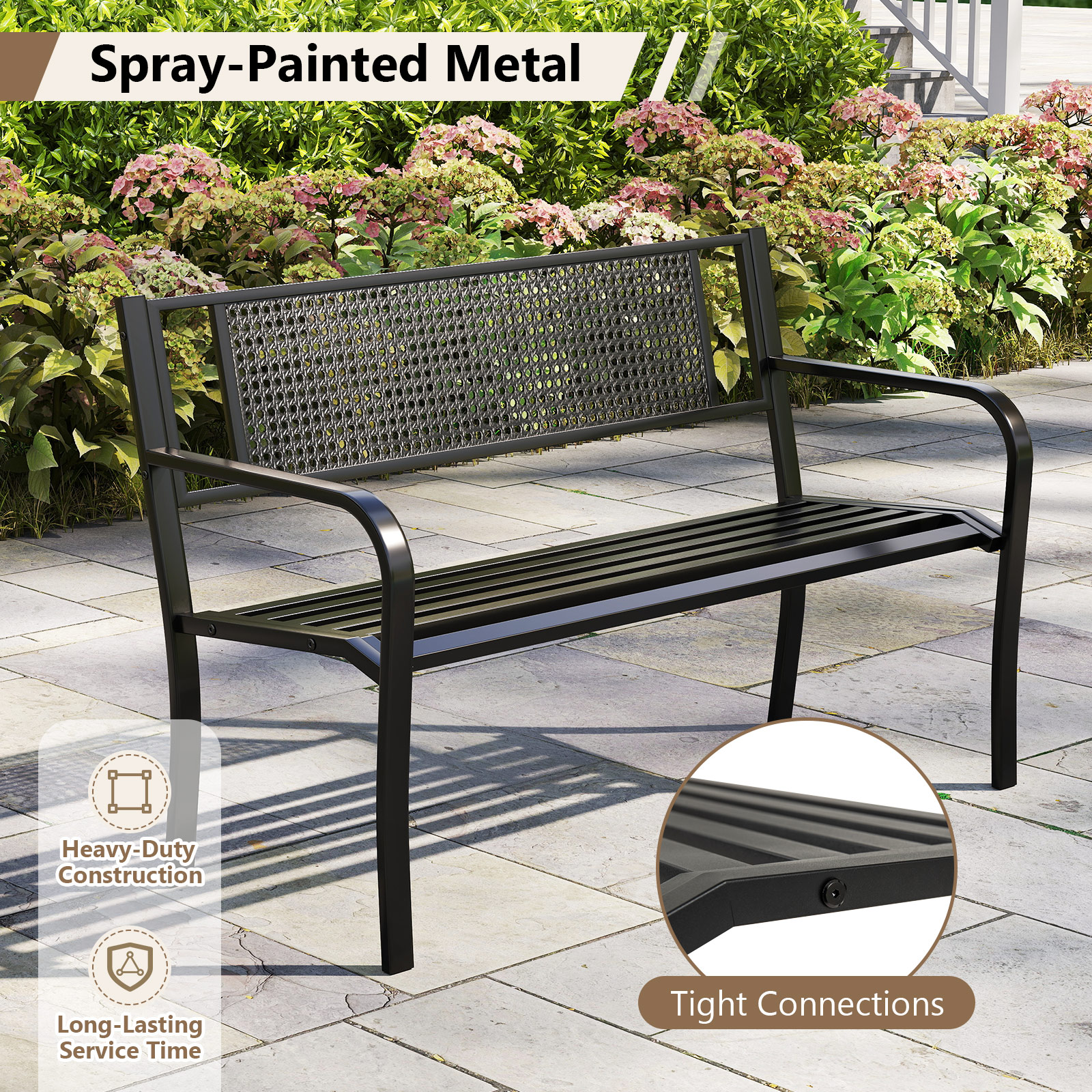 GIVIMO Black Metal Park Bench with Patterned Backrest and Curved ...