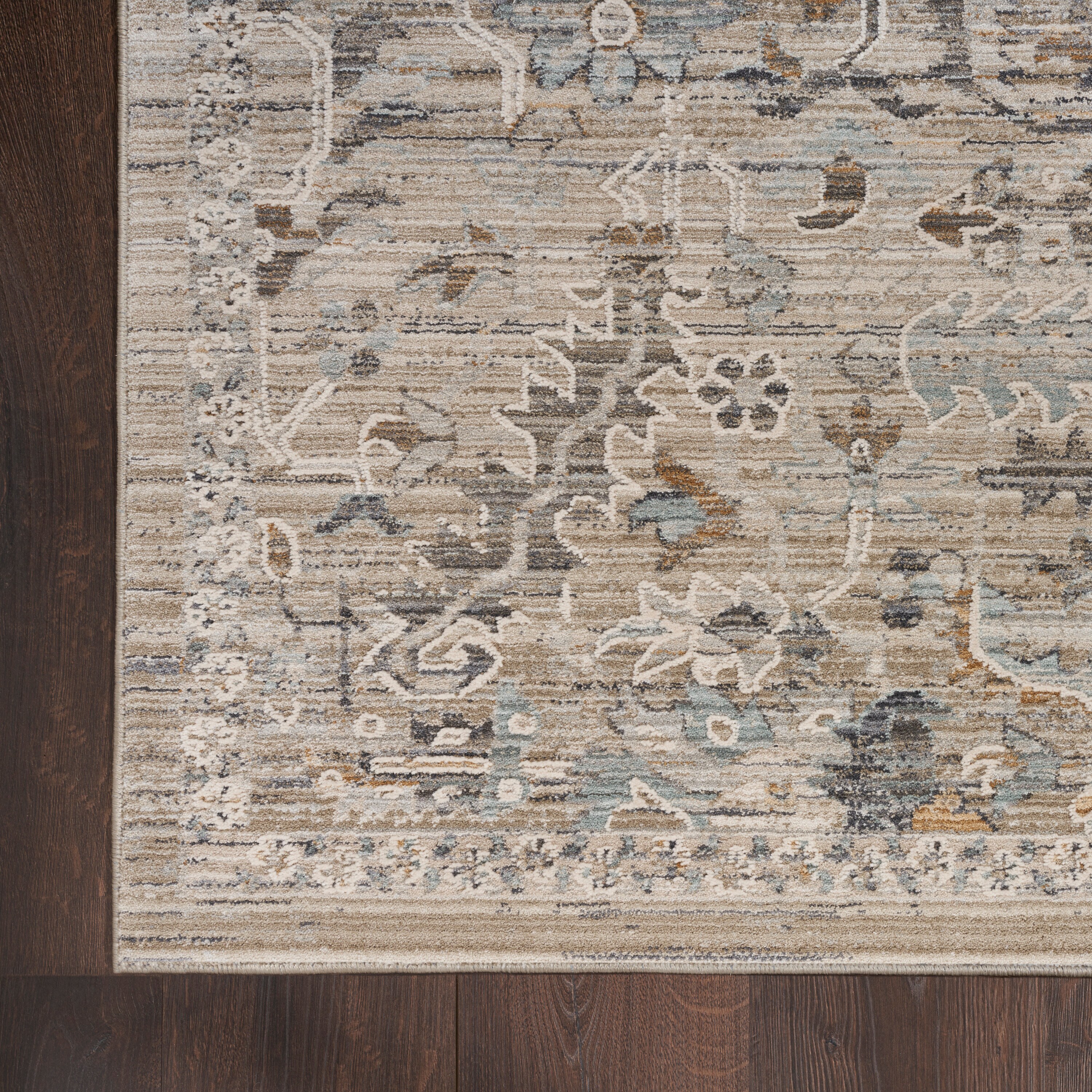 Ivory Taupe Floral Synthetic Reversible Washable Rug 2'3" x 12'