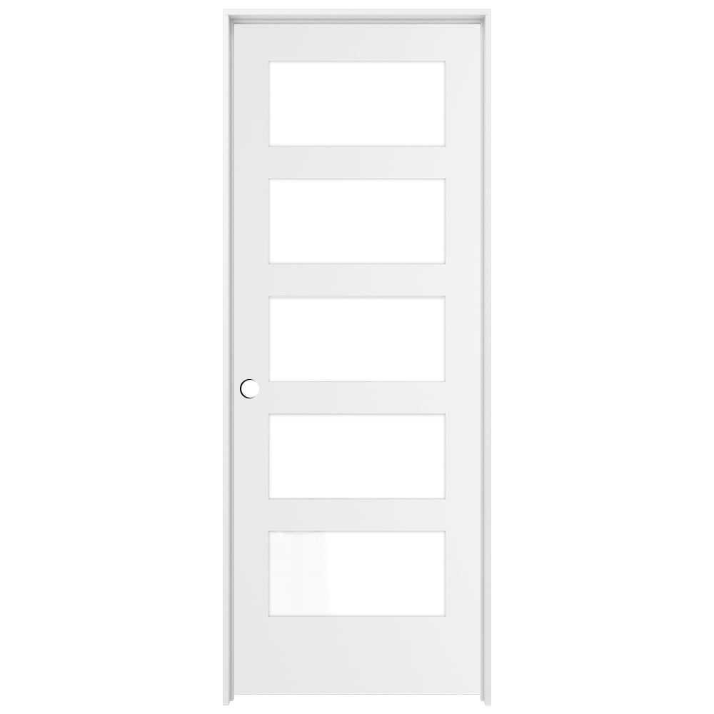RELIABILT LO1370441 30-in x 80-in White Solid core 5-panel equal Frosted glass Right hand Smooth Prefinished Pine Wood Flat Jamb Single Prehung Interior Door