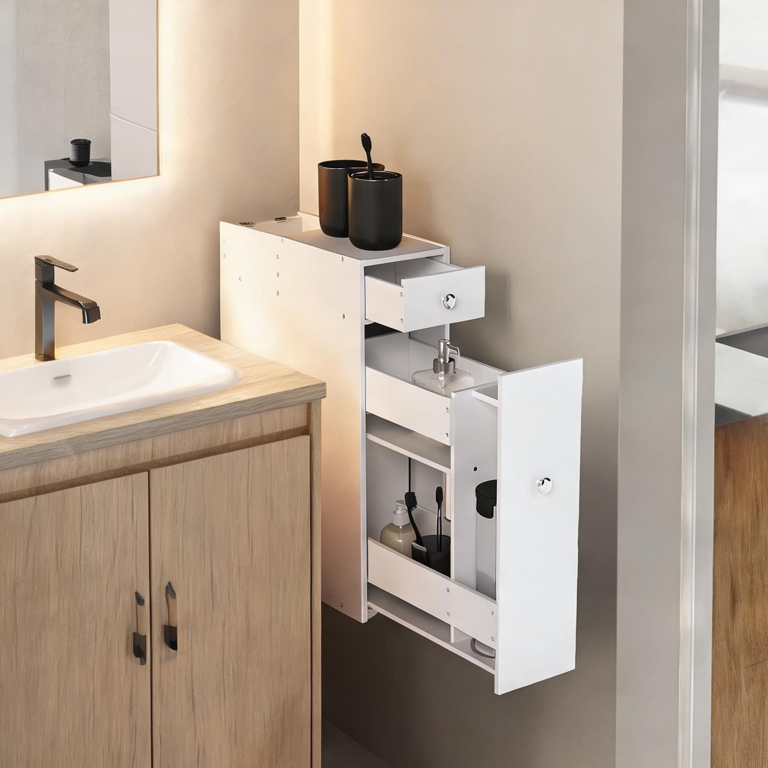 SunJet Classic white MDF bathroom storage cabinet with sliding drawers and compact freestanding design