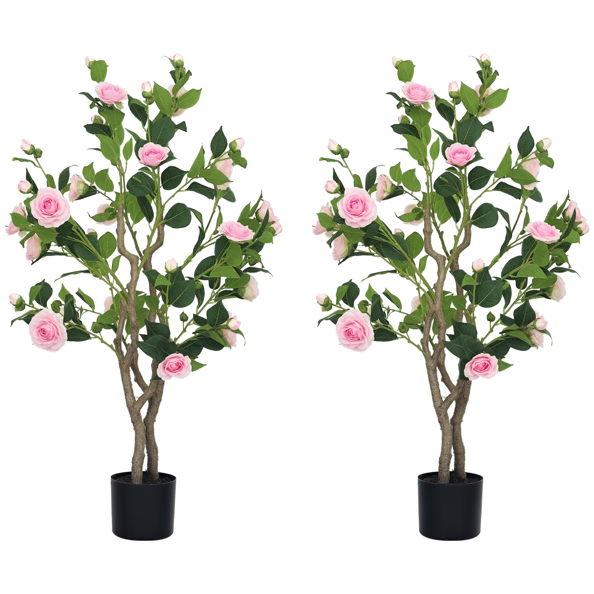 HomCom  Set of 2 Decorative Artificial Plants Camellia Flowers in Pots Fake Plants for Home Indoor Outdoor Decor 39 inch Pink