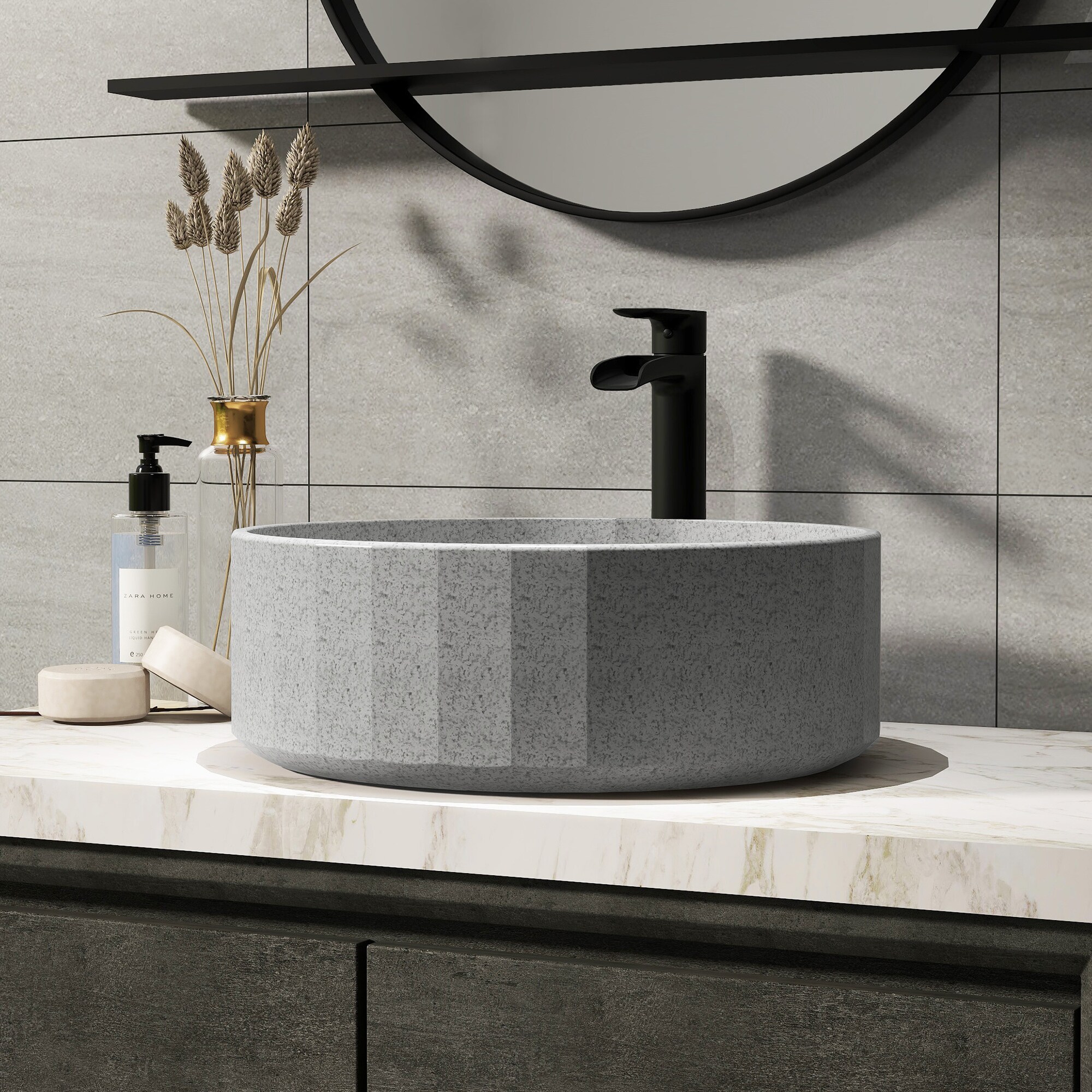 CASAINC CA-VS1002-MB Concrete 17-in Vessel Round Rustic Mottled Bluish Grey Bathroom Sink with Drain Included