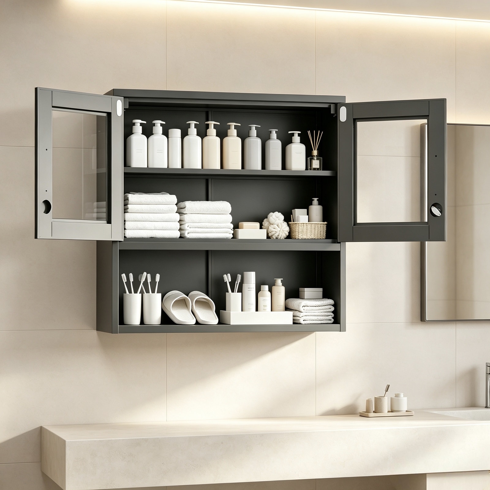 Bestcore Wall Mounted Steel Display Cabinet 31.5-in x 31.5-in x 11.81-in Black Enclosed Wall Cabinet Storage Display Case for Living Room Office #LW114BCSY0917