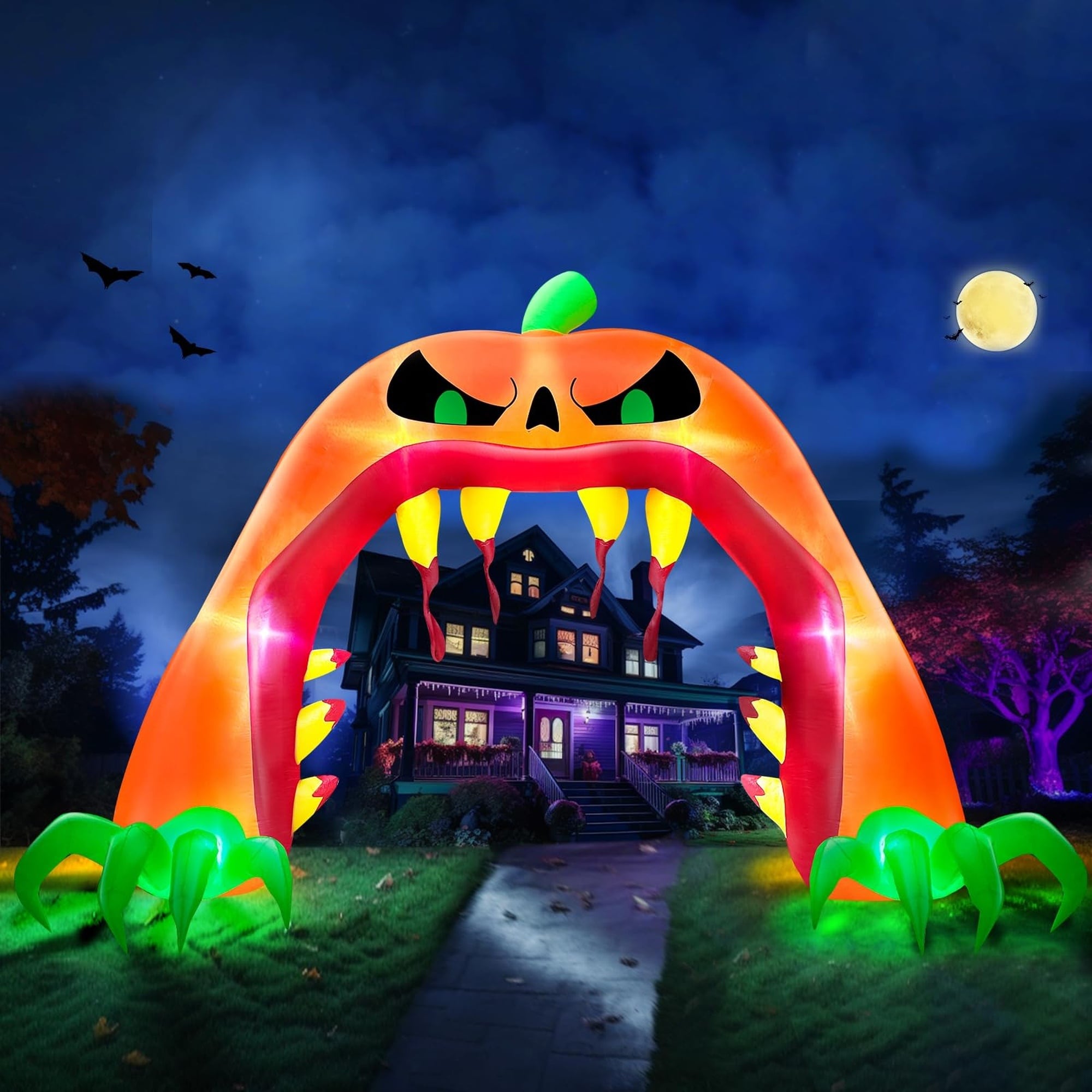 Angel Sar 9 x 8 FT Giant Halloween Inflatables Pumpkin Archway Scary Jack o Lantern Tear Open Mouth with Built in LED Lights for Yard Lawn Party