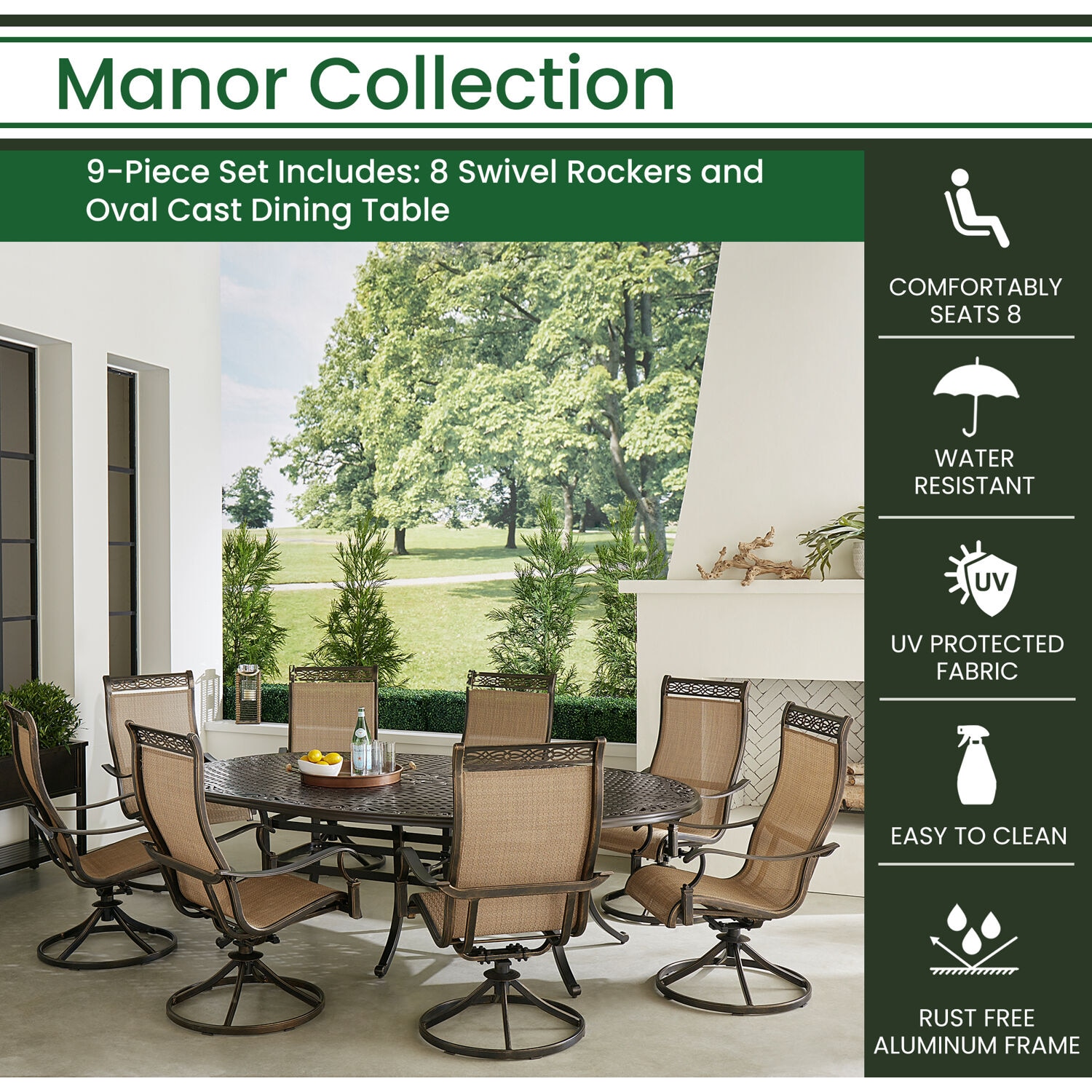 Bronze 9-Piece Outdoor Dining Set with Swivel Rockers