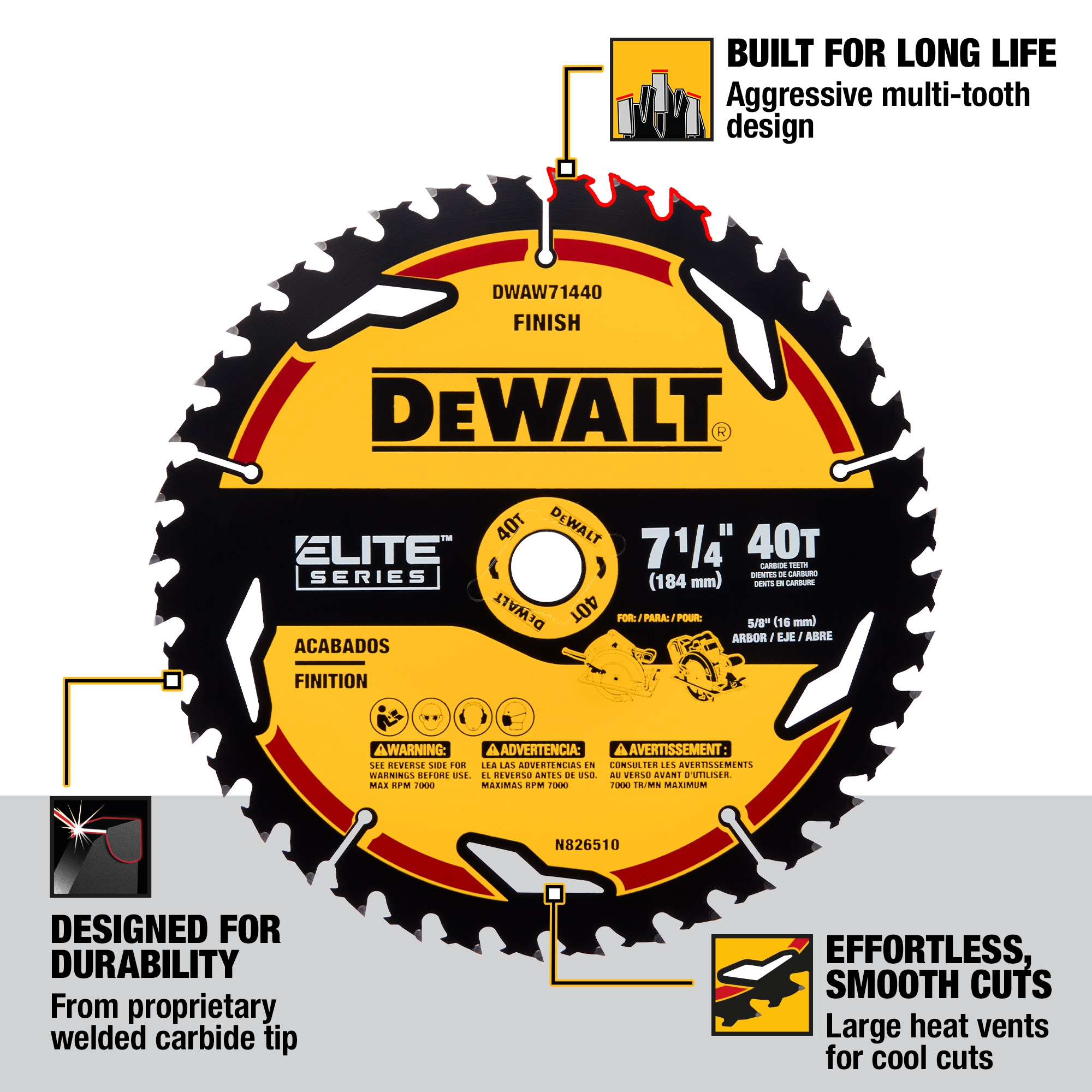 DEWALT ELITE SERIES 7-1/4-in 40-Tooth Fine Finish Tungsten Carbide-tipped  Steel Circular Saw Blade in the Circular Saw Blades department at