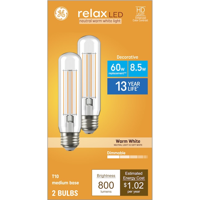 GE Relax HD 60-Watt EQ T10 Warm White Medium Base (E-26) Dimmable LED Light  Bulb (2-Pack) in the Decorative Light Bulbs department at