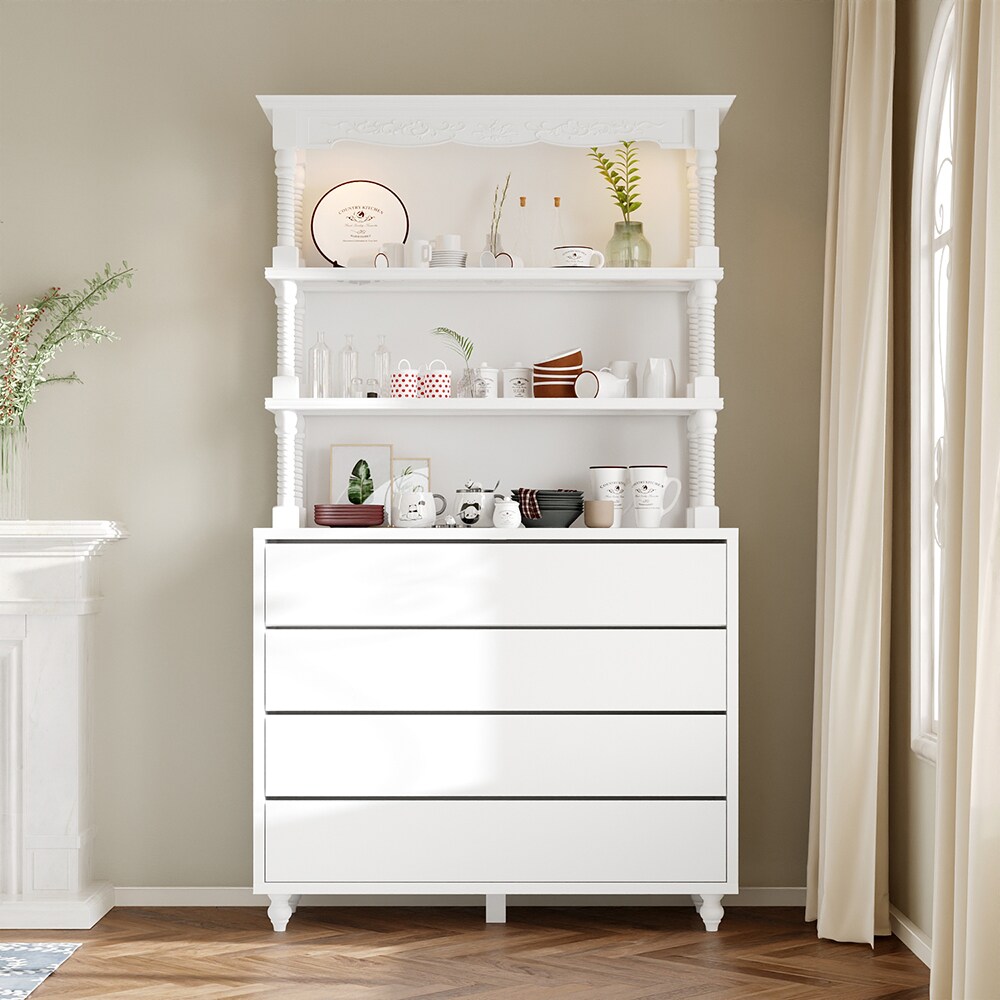 Homsee  White Lacquered 4-Drawer LED Display Cabinet with Tempered Glass Shelves and Solid Rubberwood Support 47.2''L x 15.7''W x 81.1''H