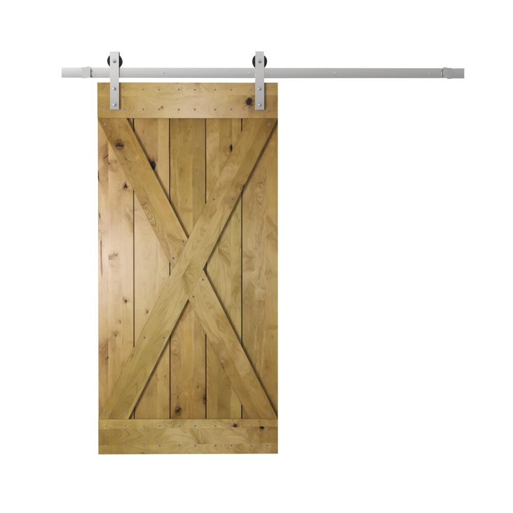 Urban Woodcraft 40-in x 83-in Kotty Alder Wood Crossbuck Prefinished Knotty Alder Wood Single Barn Door (Hardware Included)