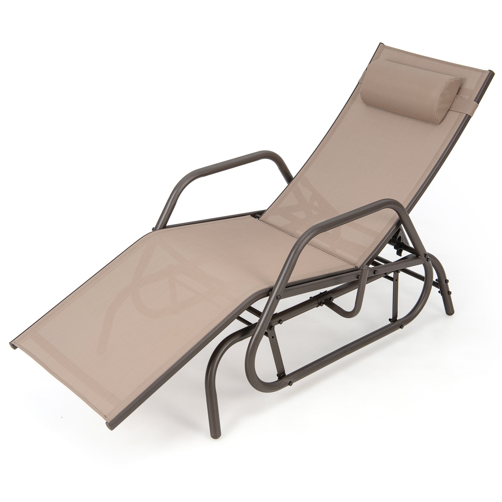 Slickblue D-CO-FC13011PN 1-Piece Outdoor Glider Recliner - Brown/Gray Metal Frame Motion Lounge Chair with Fabric Seat - Adjustable Backrest and Removable Pillow for Patio or Garden