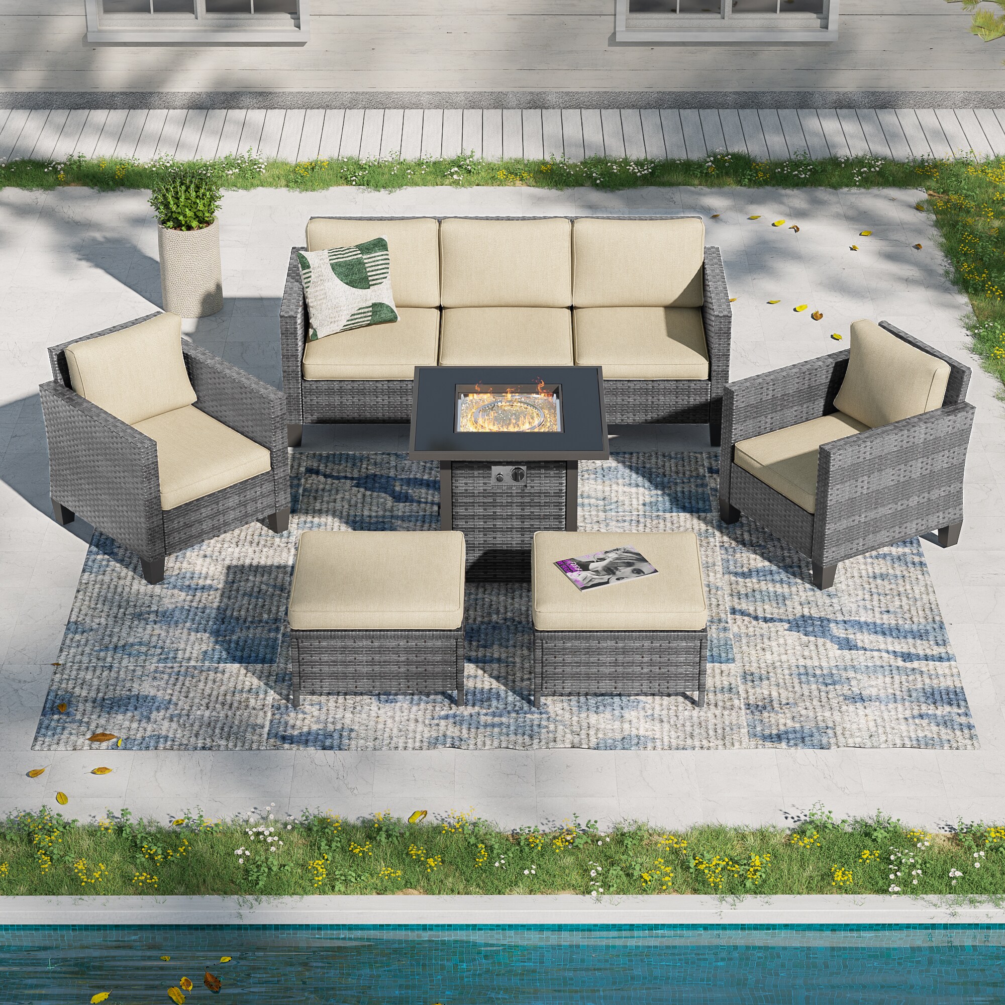 ACEGOSES LW-115HBG-T4 Skytop 6 -Piece Wicker Patio Sofa Conversation Set with Cream Cushions