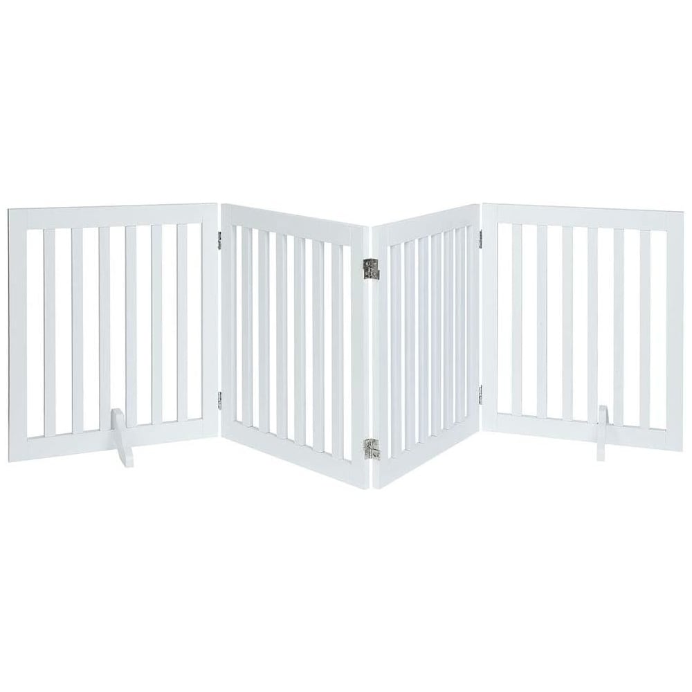 UNIPAWS Free Standing Pet Gate 24 Inch Height Wooden Gate for Doorway and Stairs Foldable Expandable Pet Fence Barrier for Indoor Use White