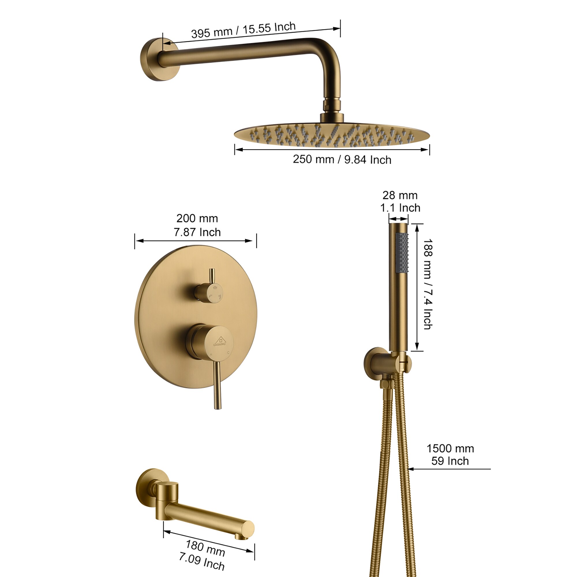 Brushed Gold Dual Rain Shower System with Handheld Spray
