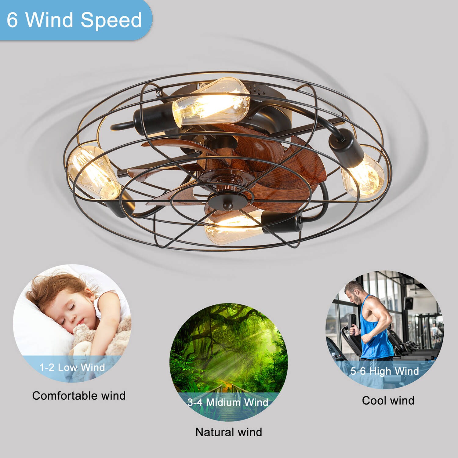 SINOFURN 20-in Black Indoor Flush Mount Cage Ceiling Fan and 