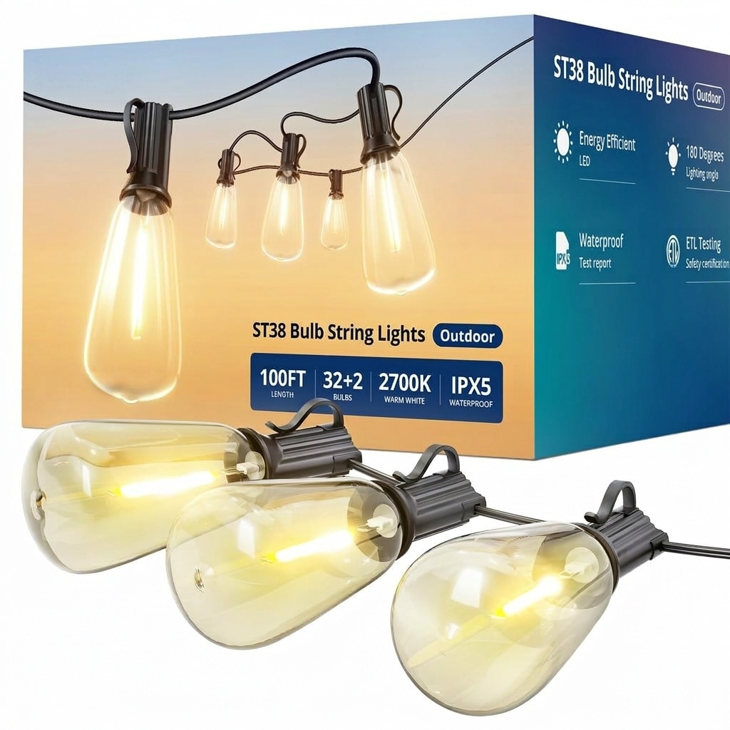 Oyezvary 100ft Outdoor String Lights 32 Piece Shatterproof ST38 LED ...