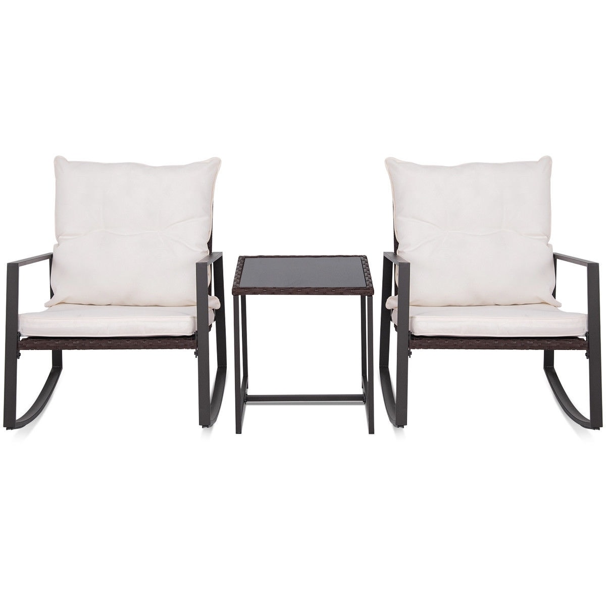 Slickblue D-CO-EB29095WH 3-Piece Steel Frame Rattan Patio Set Square Glass Table with Cushioned Rocking Chairs for Porch Beige / Wine