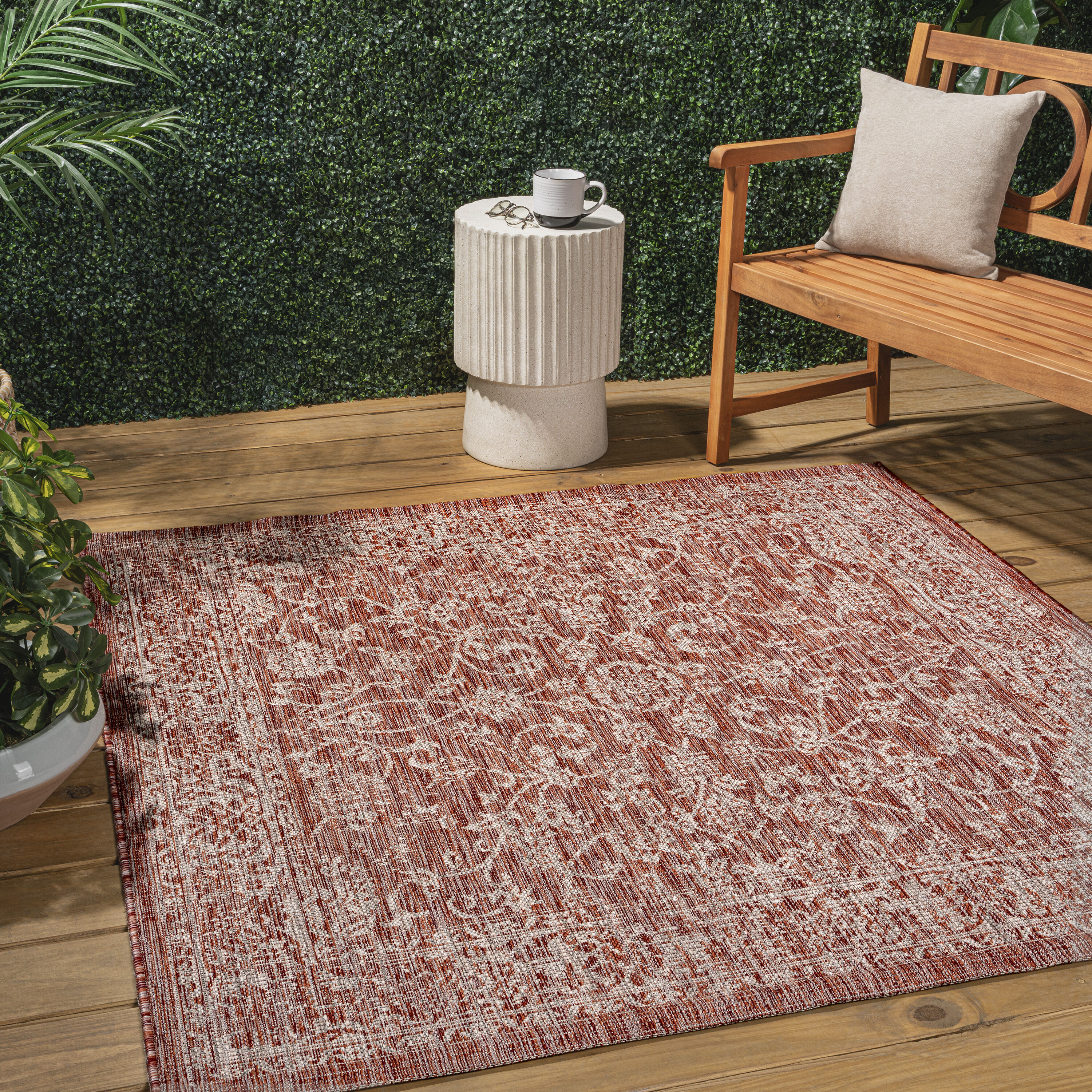 JONATHAN  Y SMB100A-5SQ SANTA MONICA Tela Bohemian Textured Weave Floral 5 x 5 (ft) Polypropylene Red/Taupe Square Indoor Medallion Bohemian/Eclectic Area rug