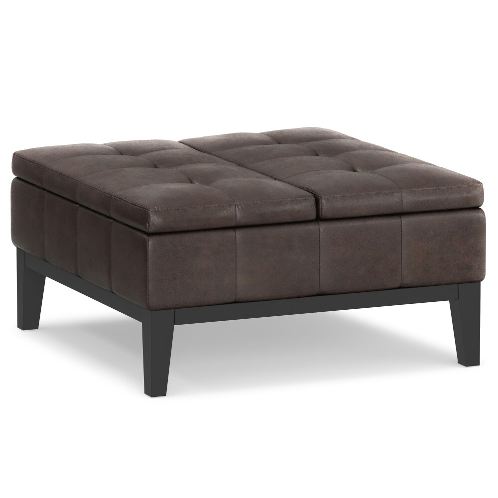 Simpli Home AXCOT-235-DBR Dover Modern Distressed Brown Faux Leather Storage Ottoman