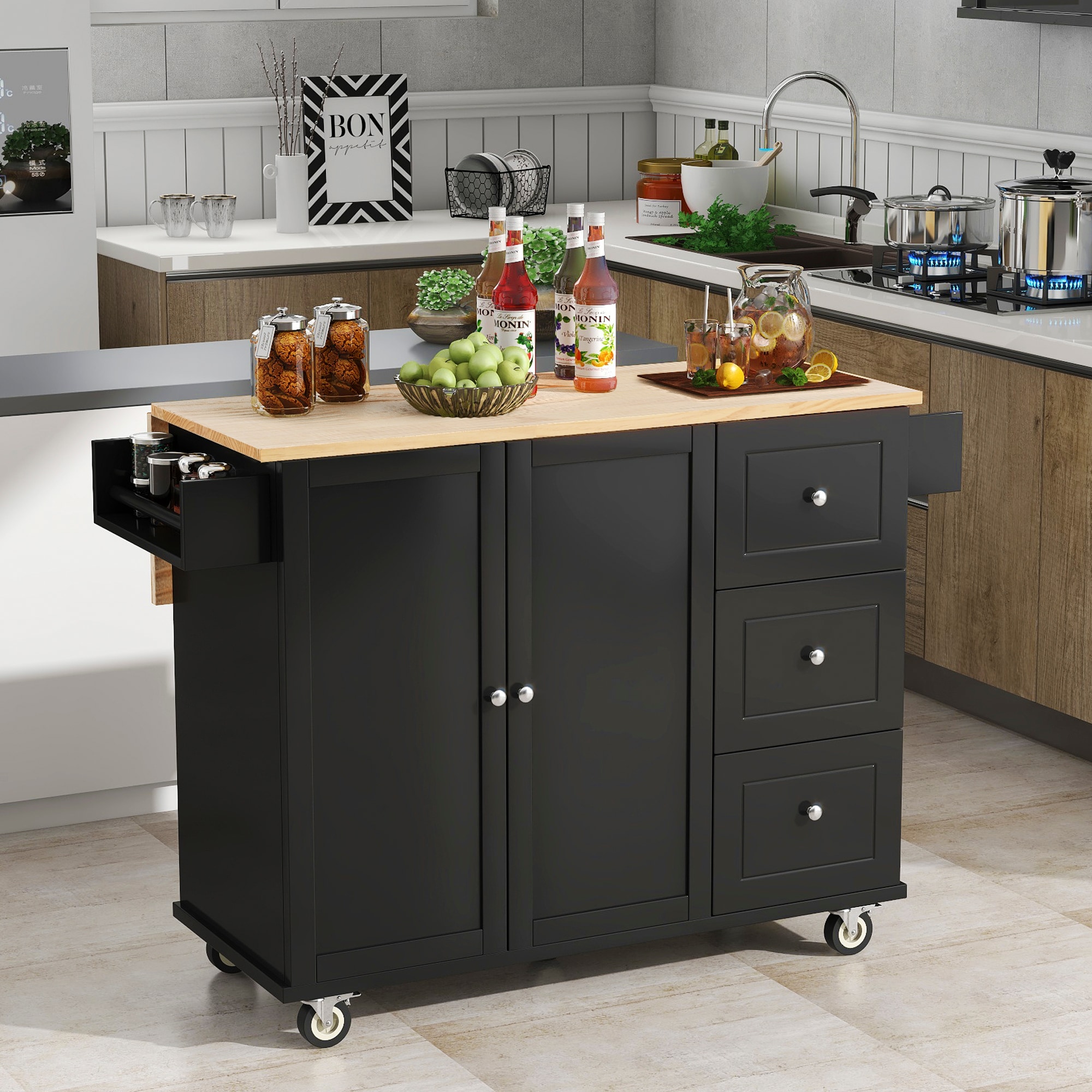Tatayosi XH-87035AAB Rolling Mobile Kitchen Island with Solid Wood Top and Locking Wheels Storage Cabinet and Drop Leaf Breakfast BarSpice Rack Towel Rack  Drawer (Black)