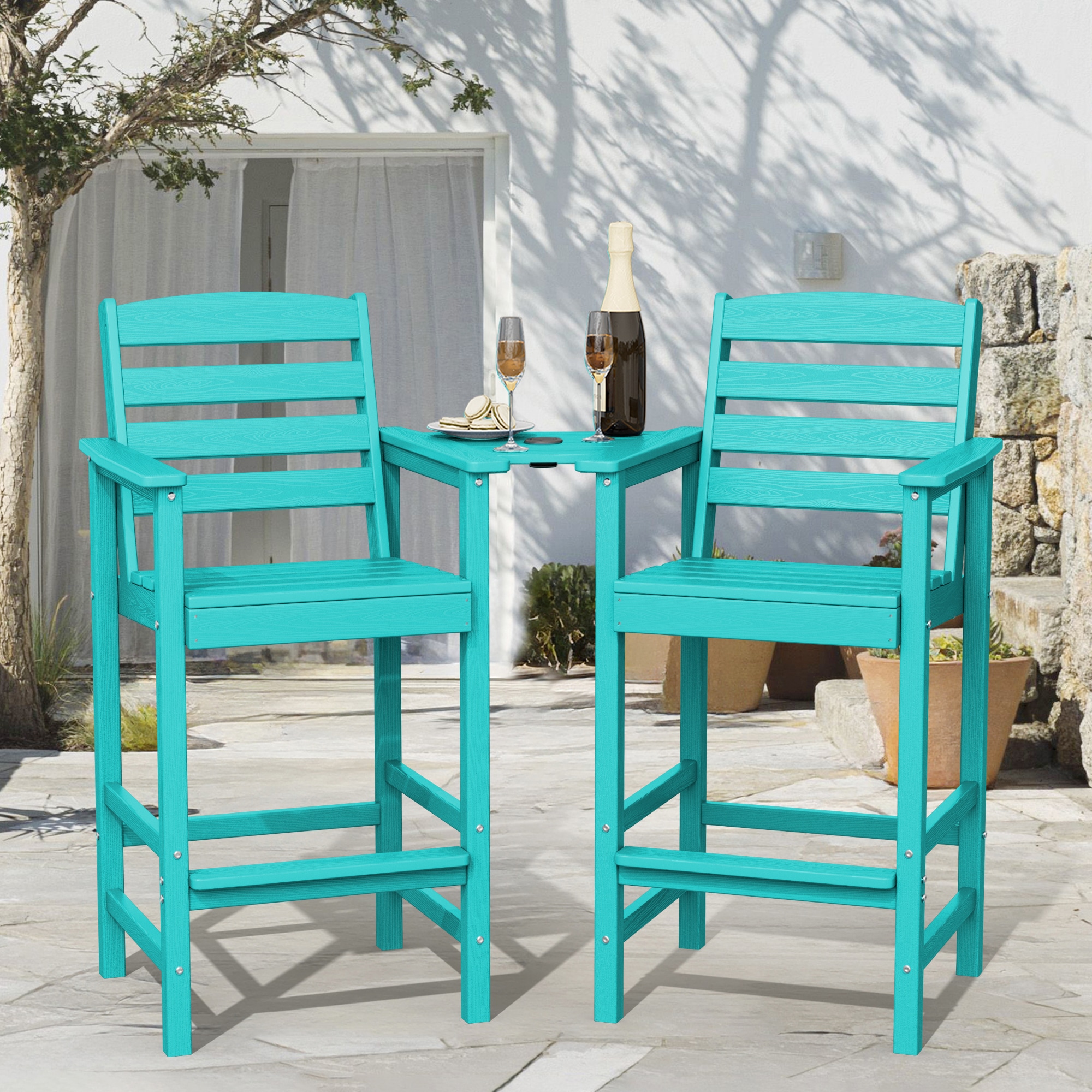 JEAREY GYCY-KQ Tall Bar Chairs Set for Two with Detachable Connecting Tray Set of 2 Peacock Blue HDPE Frame Stationary Adirondack Chair with Slat Seat