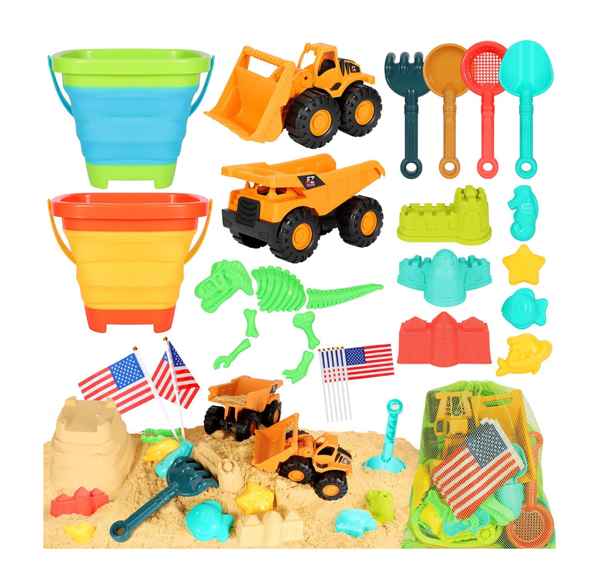 Etokfoks -  29 Piece Beach Sand Toy Set with 2 Collapsible Buckets 2 Dump Trucks Dinosaur and Cas...