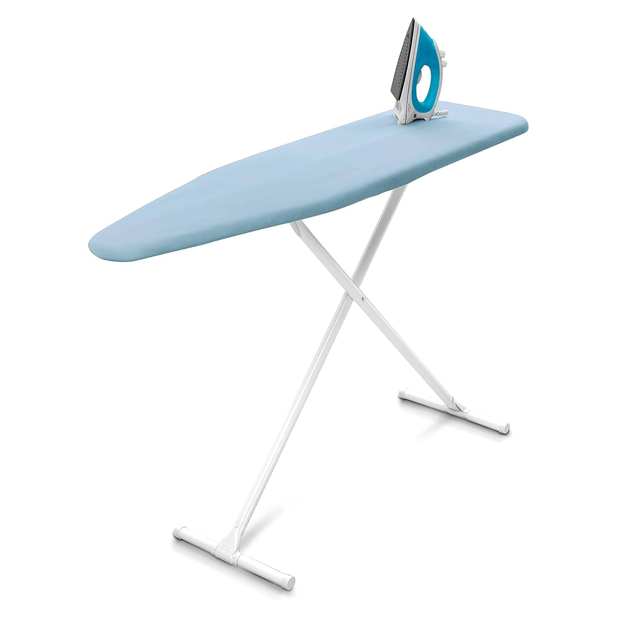 Homz Products 323056 T Leg Clothes Ironing Board Compact Foldable Standard Size Adjustable Height with Foam Pad and Cotton Cover Light Blue