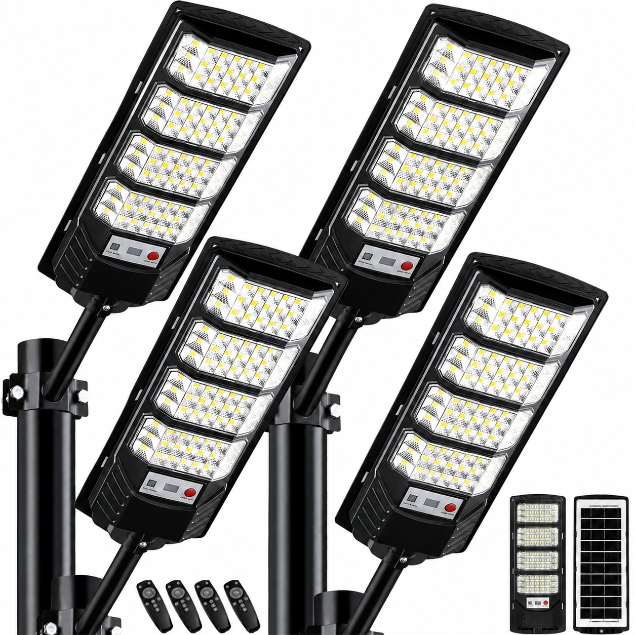Aoibox  4 Pack Solar LED Street and Parking Lot Lights 20000 Lumens 6500K Motion Sensor 320 Wide Angle with Remote