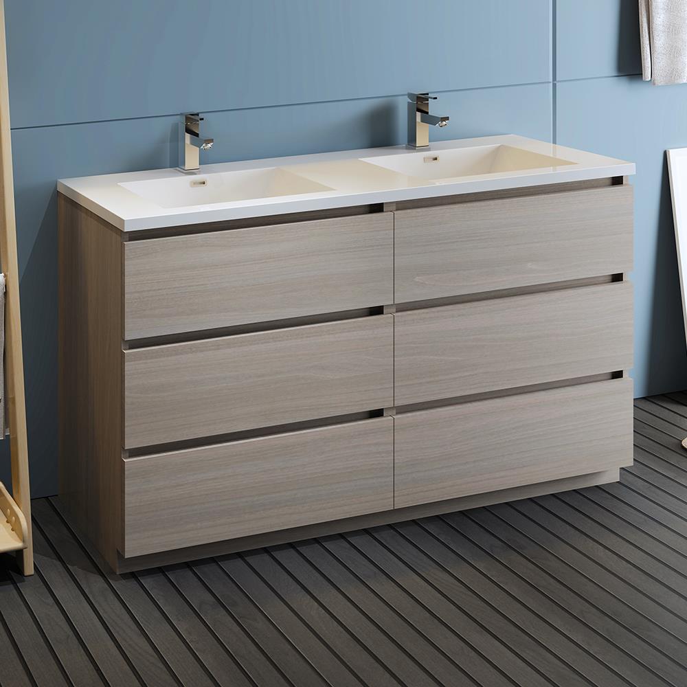 Gray Wood 60" Freestanding Double Sink Vanity with Acrylic Top