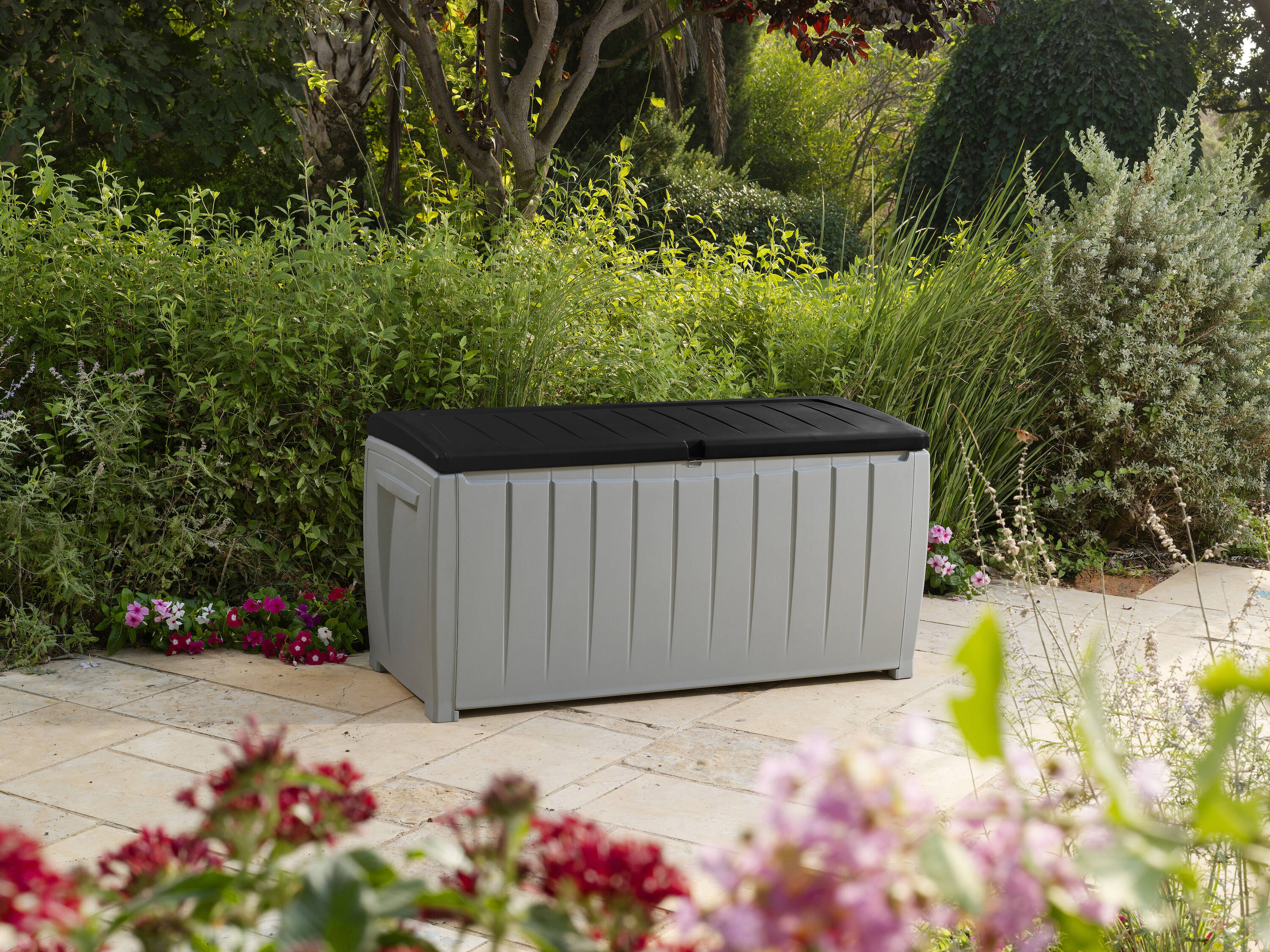 Keter 90 Gallon Black and Gray Lockable Plastic Deck Box