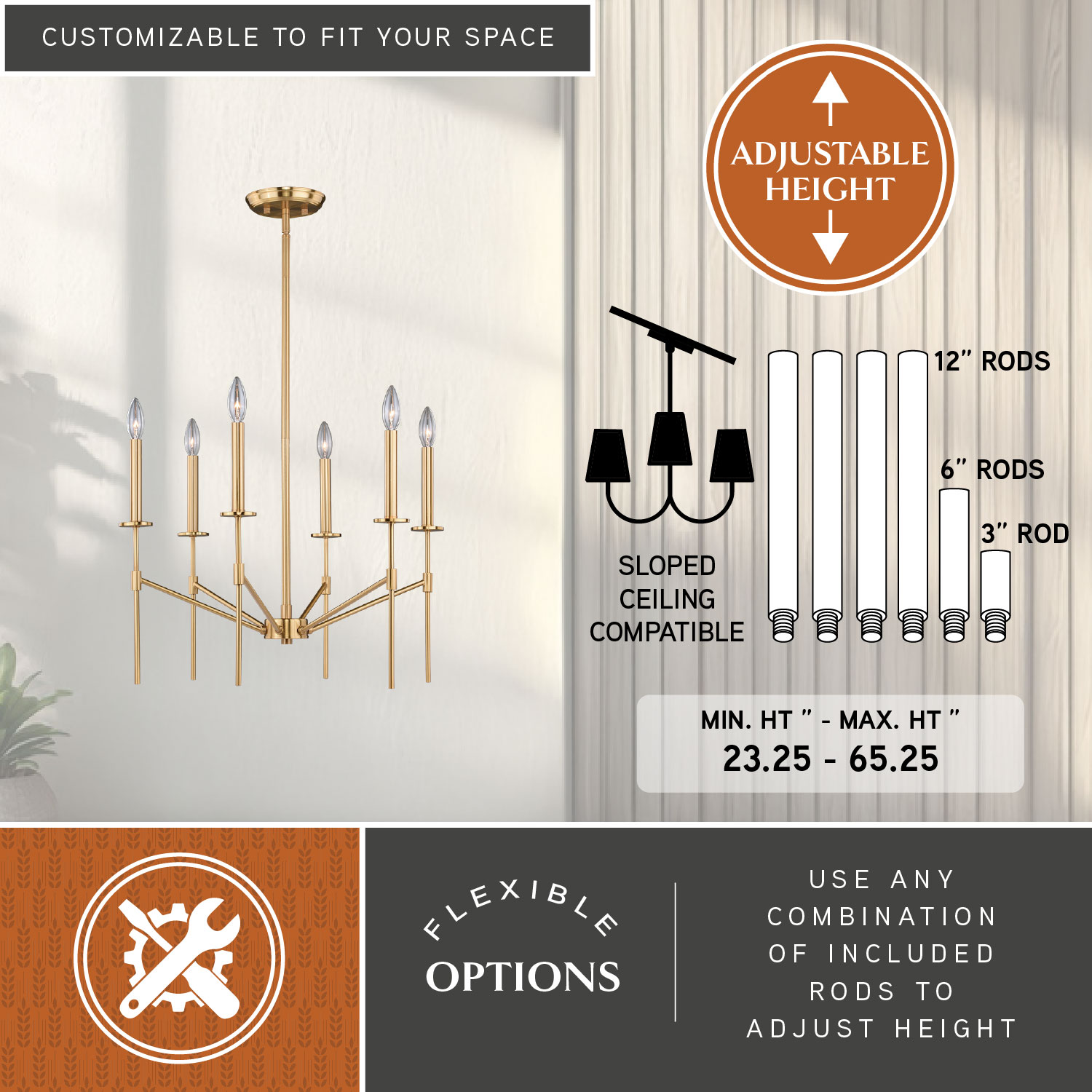 Mid-Century Modern Kedzie 24" Natural Brass 6-Light Chandelier