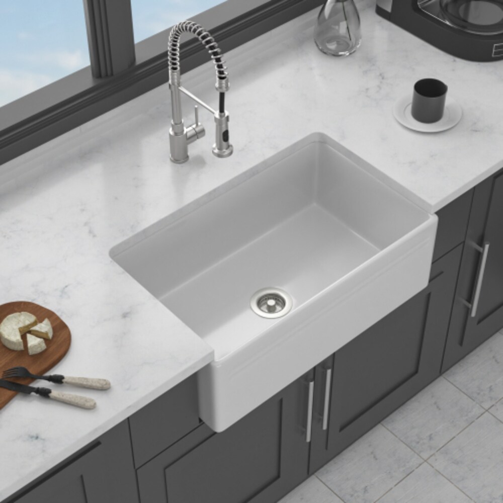 HyperDrop Cart 30 Inch Reversible Apron Front Farmhouse Sink White Ceramic Porcelain Deep Single Bowl Kitchen Basin 30 x 18 x 10 Inches for Home Kitchen Renovation
