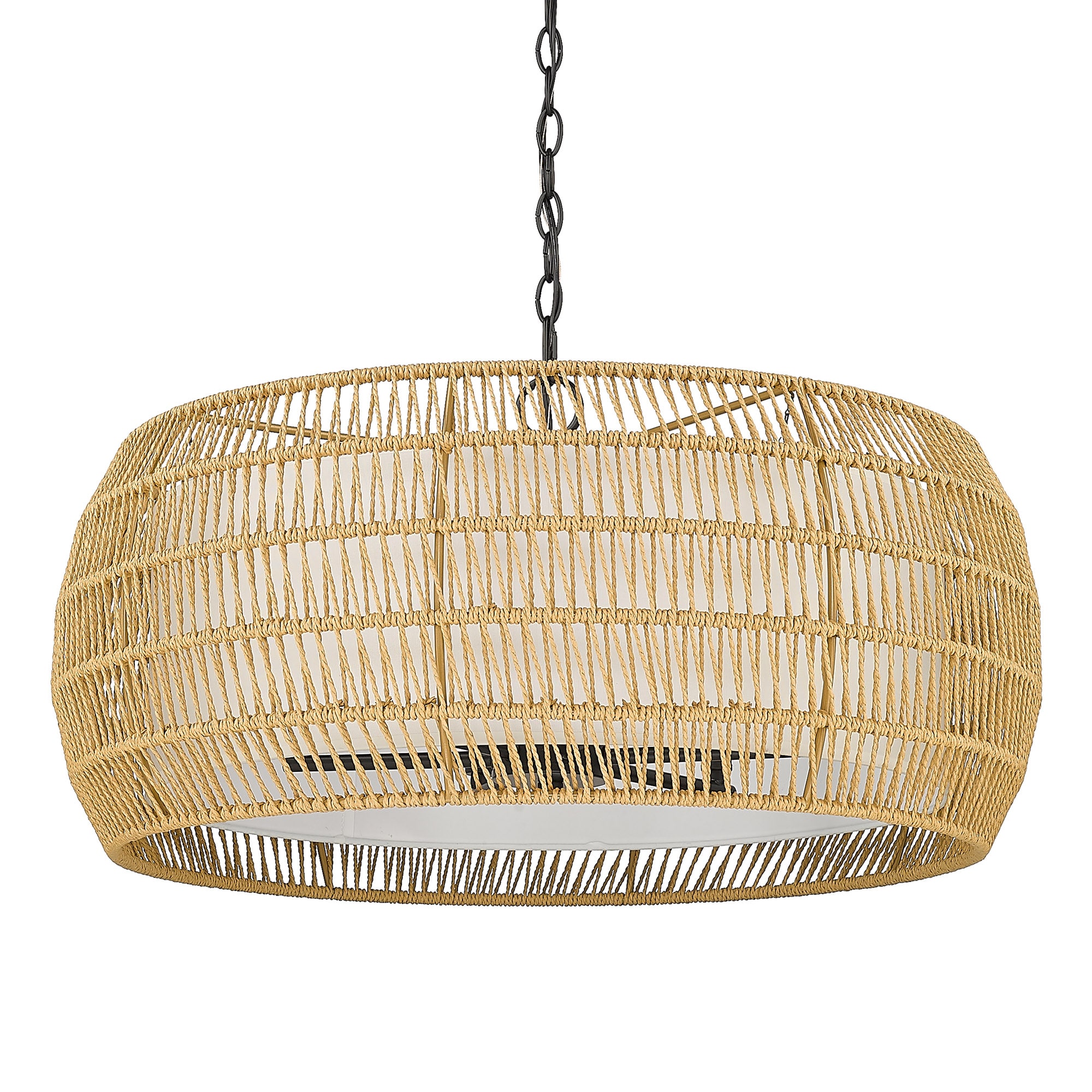 Natural Rattan and Black Steel 6-Light Drum Chandelier