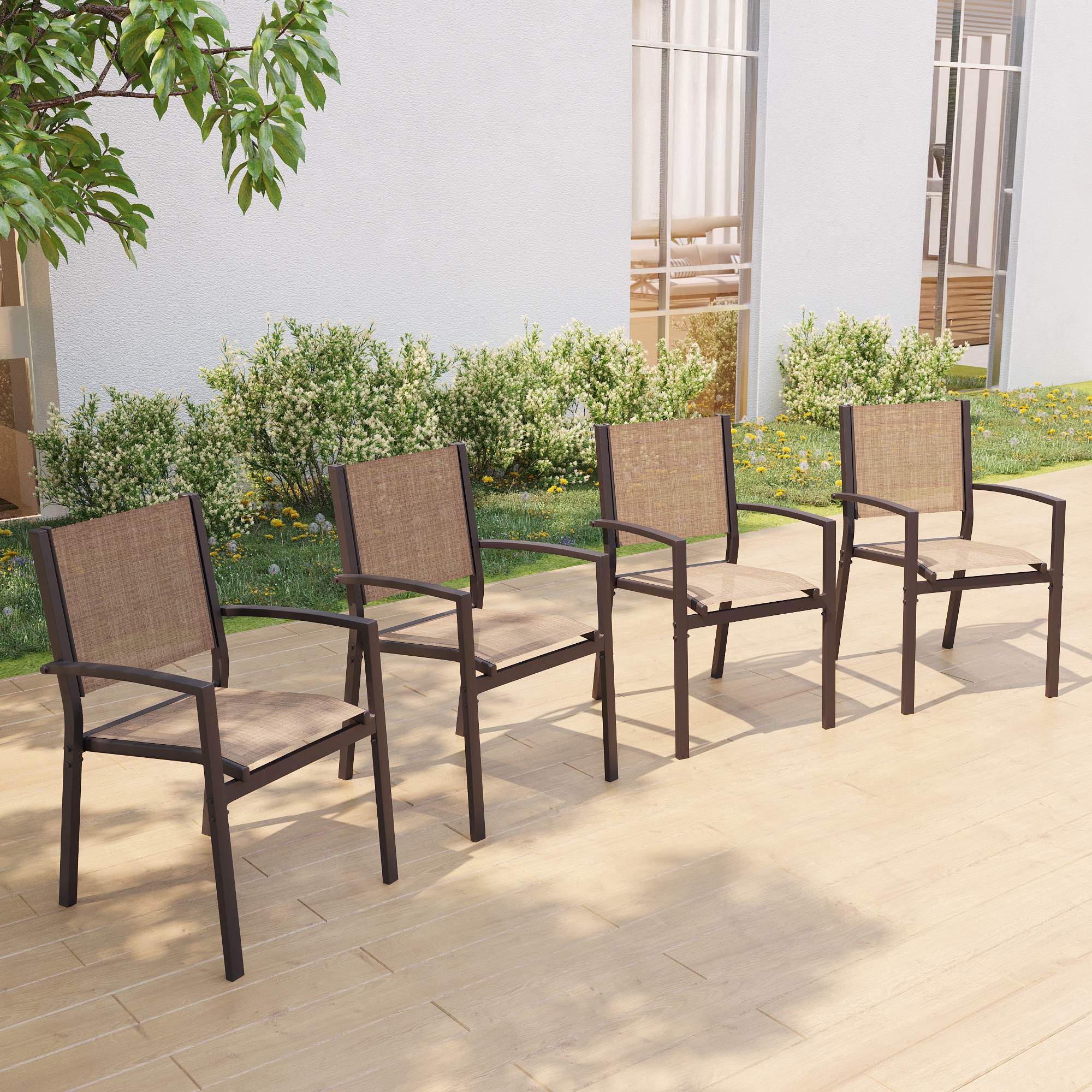 ACEGOSES LW-DS-265-TP-2 Skytop Set of 4 Stackable Dark Brwon Steel Frame Stationary Dining Chair with Tan Mesh Seat