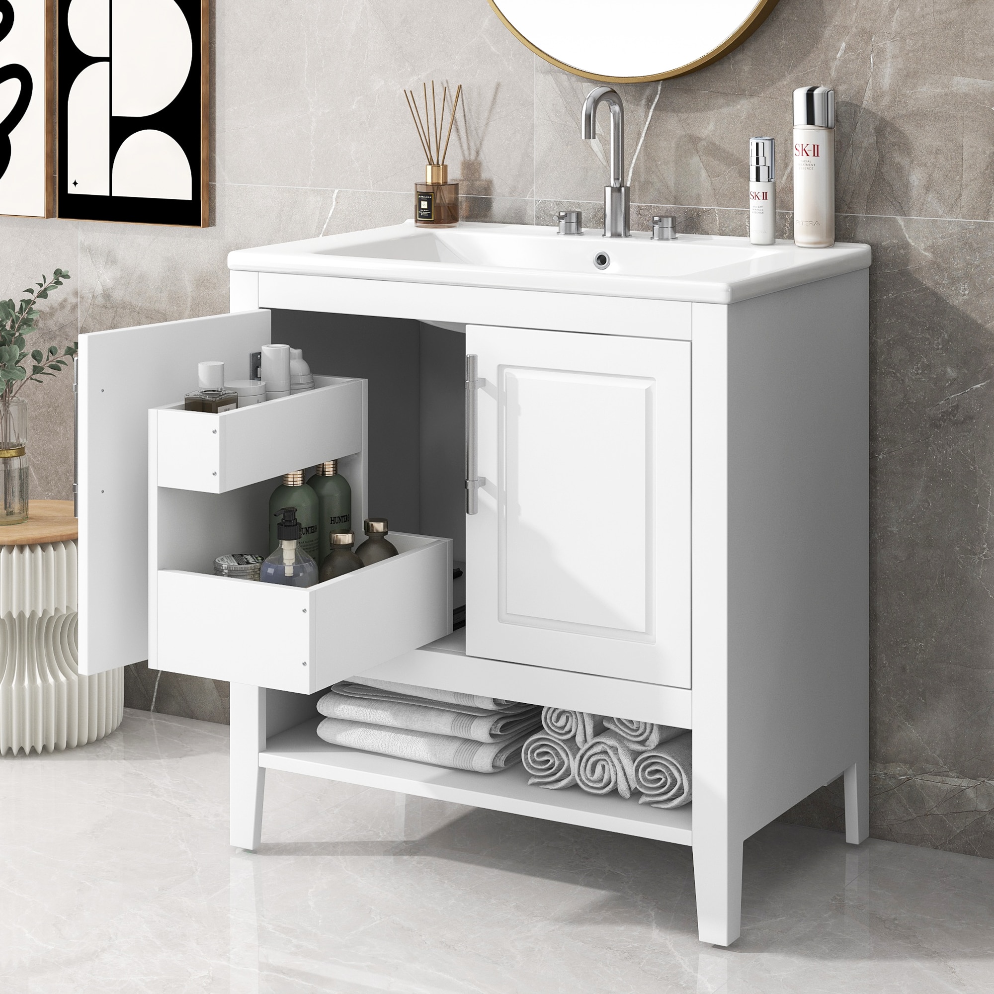 GDFStudio 329688 30 Inches Bathroom Vanity with Sink Multi-functional Bathroom Cabinet with Doors and Drawers Solid Frame and MDF Board White