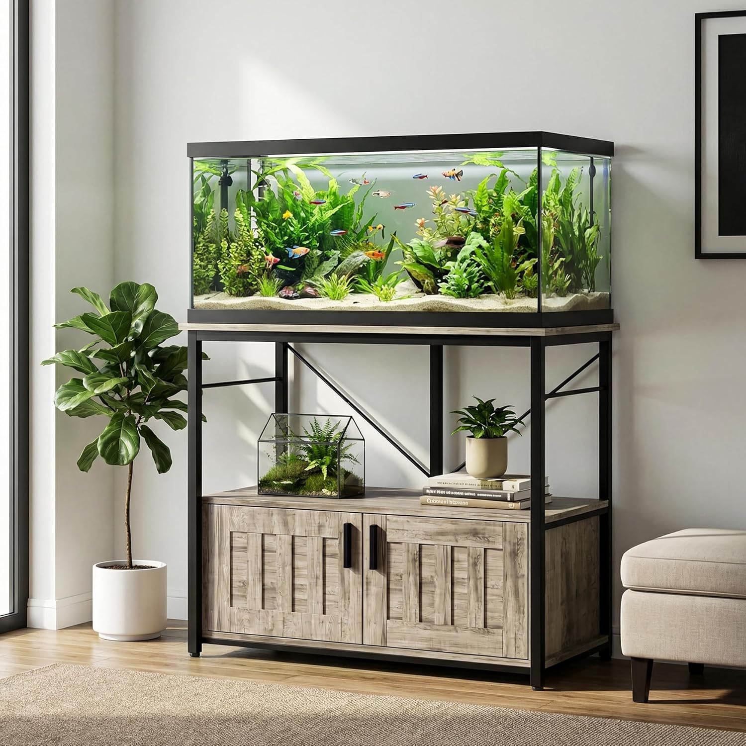 GAOMON Aquarium stand for 40 to 50 gallon tank metal and wood storage cabinet supports 660 lb gray