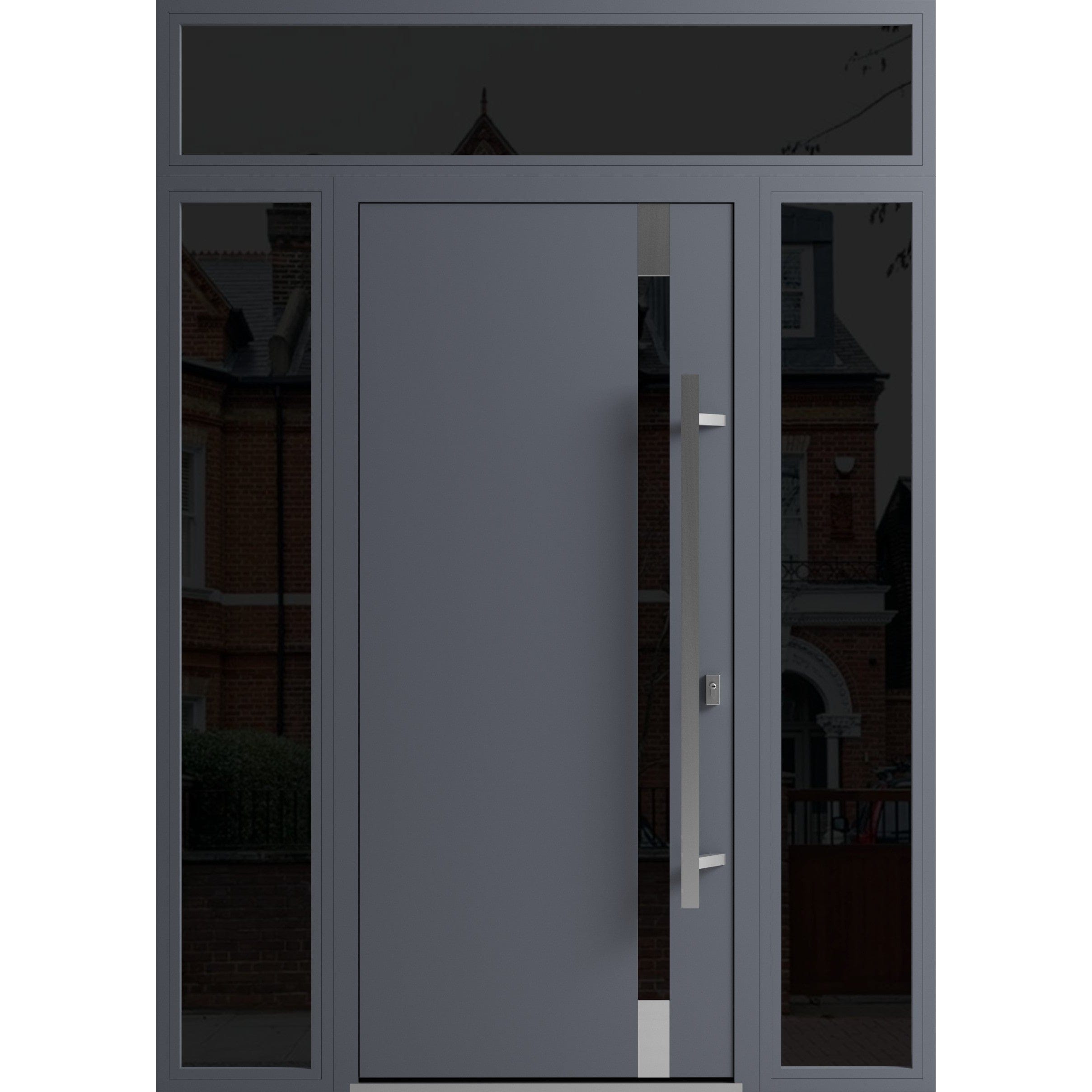Vdom doors VDOMDOORS RONEX1011 Exterior Prehung Steel Door with Double Sidelites and Transom Grey 64-in x 96-in Left-hand inswing