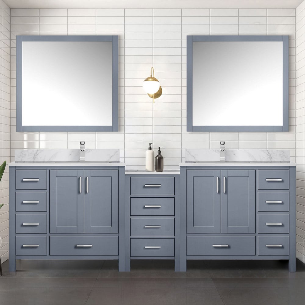 Lexora LVOP92DB110 Opal 92-in Dark Grey Undermount Double Sink Bathroom Vanity with White Carrara Marble Top (Mirror Included)