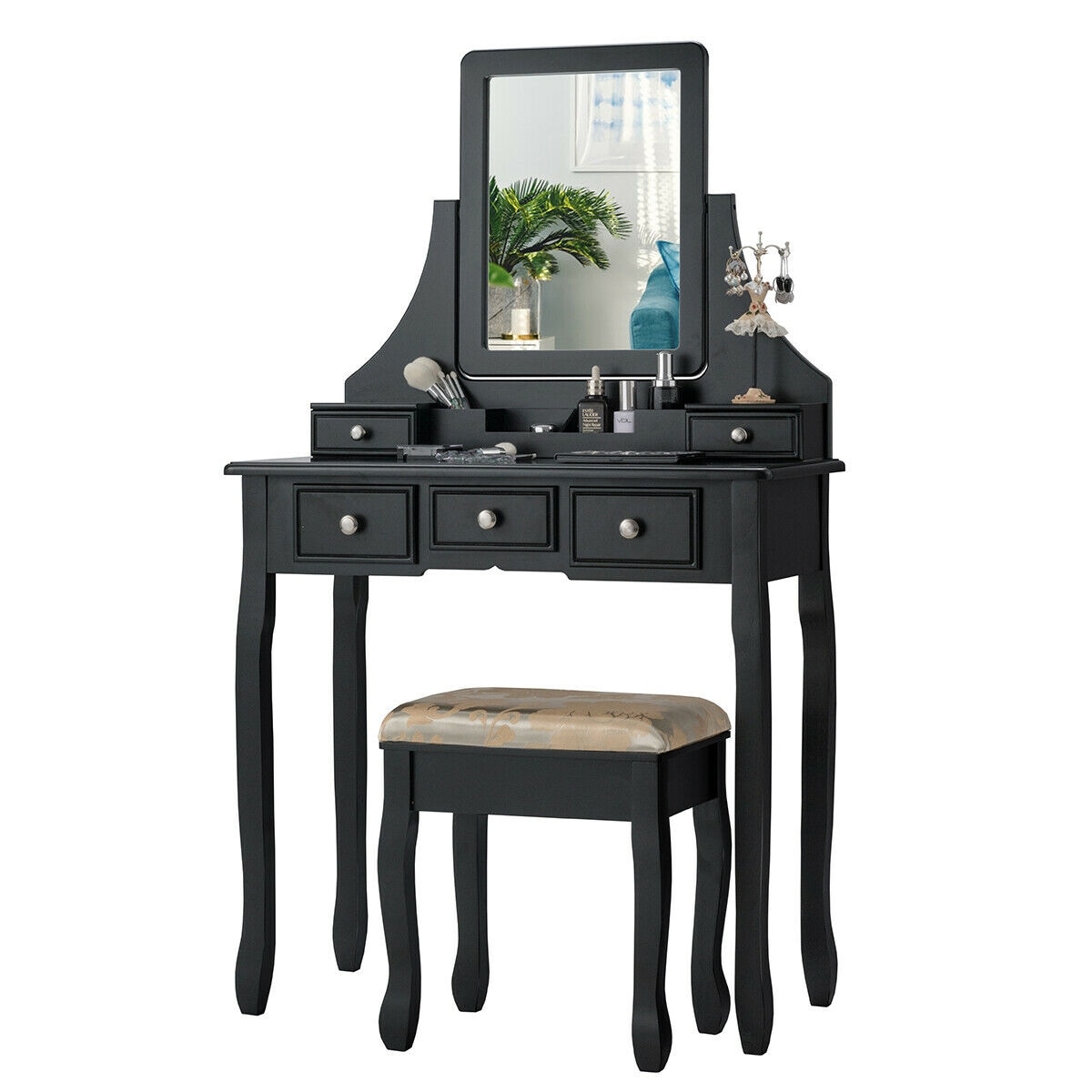 Slickblue D-CO-KB23166WH 31.5-In White/Black Makeup Vanity with 5 Drawers and Mirror for Bedroom or Study Area