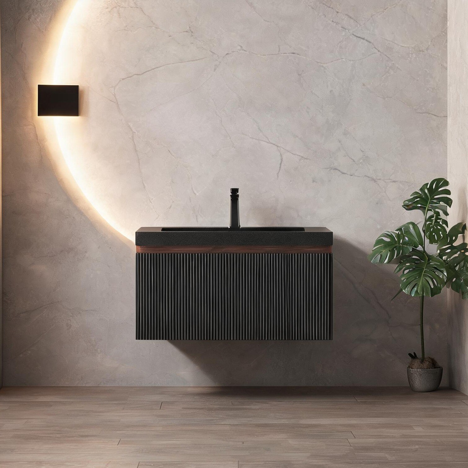 Naturefalls - Wall-Mounted Bathroom Vanity with Integrated Sink Smoked Walnut and Matte Black Sof...