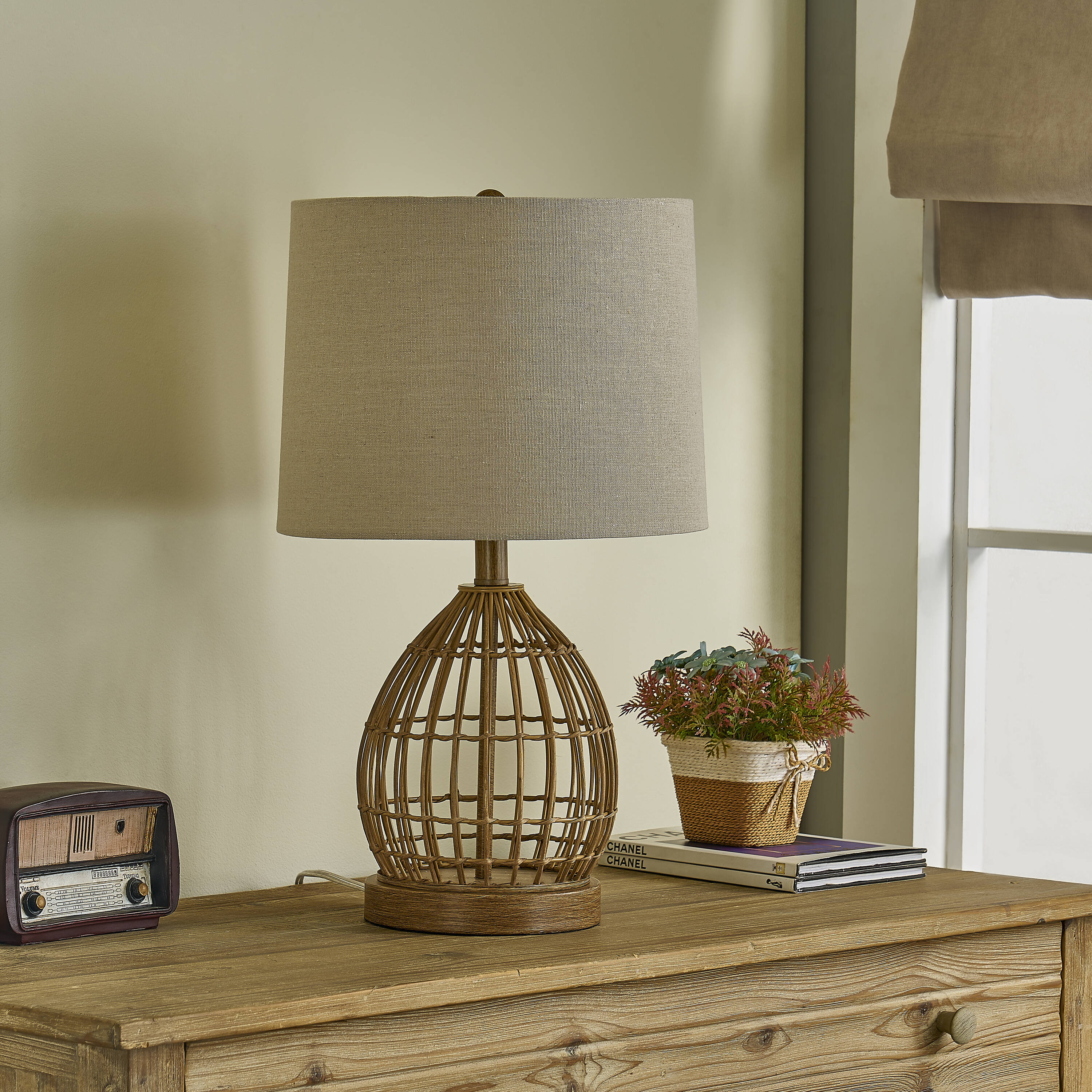 Maxax T254-WG-S Deluxe 22-Inches Brown LED Incandescent Rotary socket Table Lamp with Linen Shade