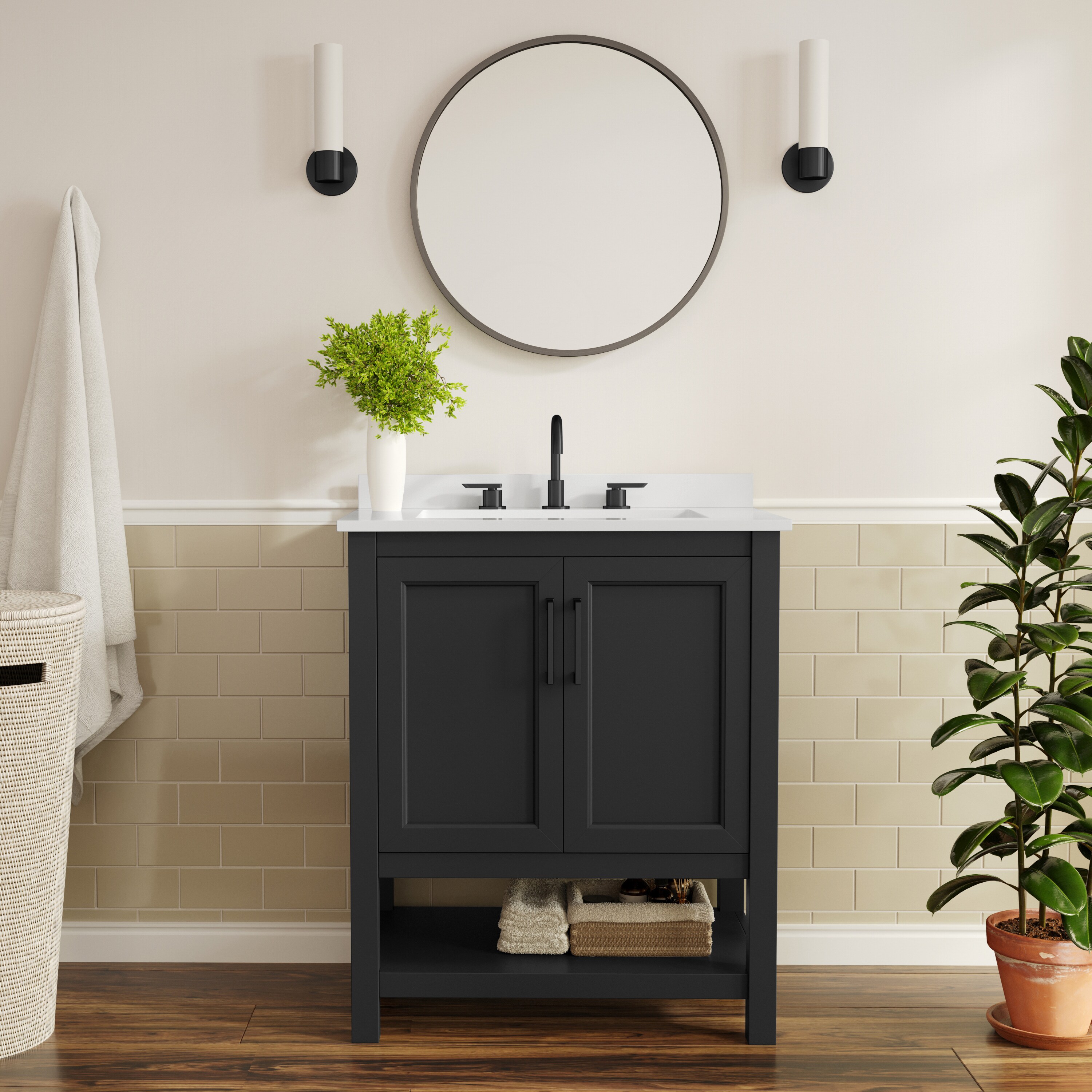 Flash Furniture 196861192807 Vega 30-in Bathroom Vanity with Sink; Storage Cabinet with Soft Close Doors and Open Shelf; Carrara Marble Finish Counter and Black Hardware; Black/White