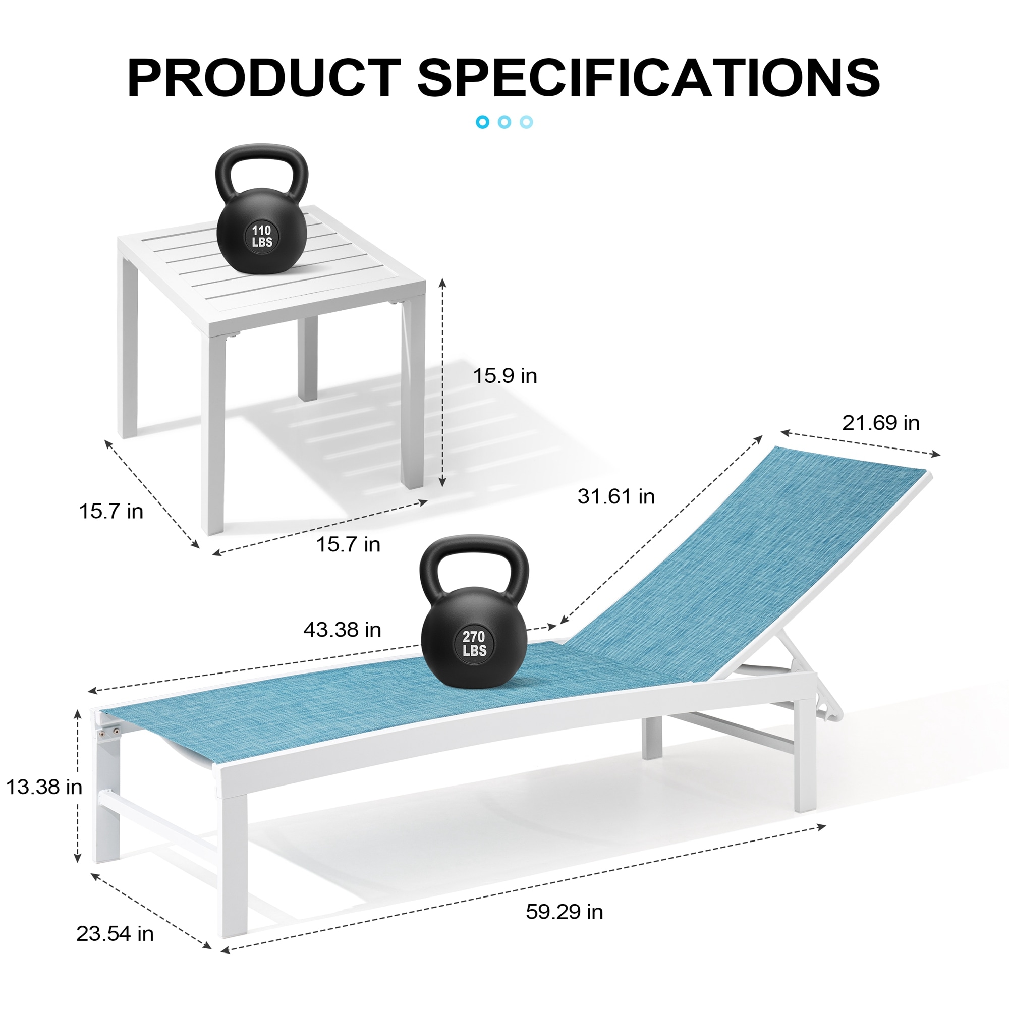 74.8" Blue Fabric and White Aluminum Outdoor Chaise Lounge Set