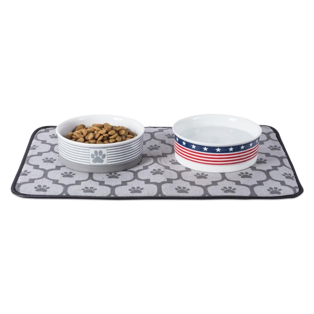 Gray Striped Ceramic Pet Bowl with Paw Print, Medium